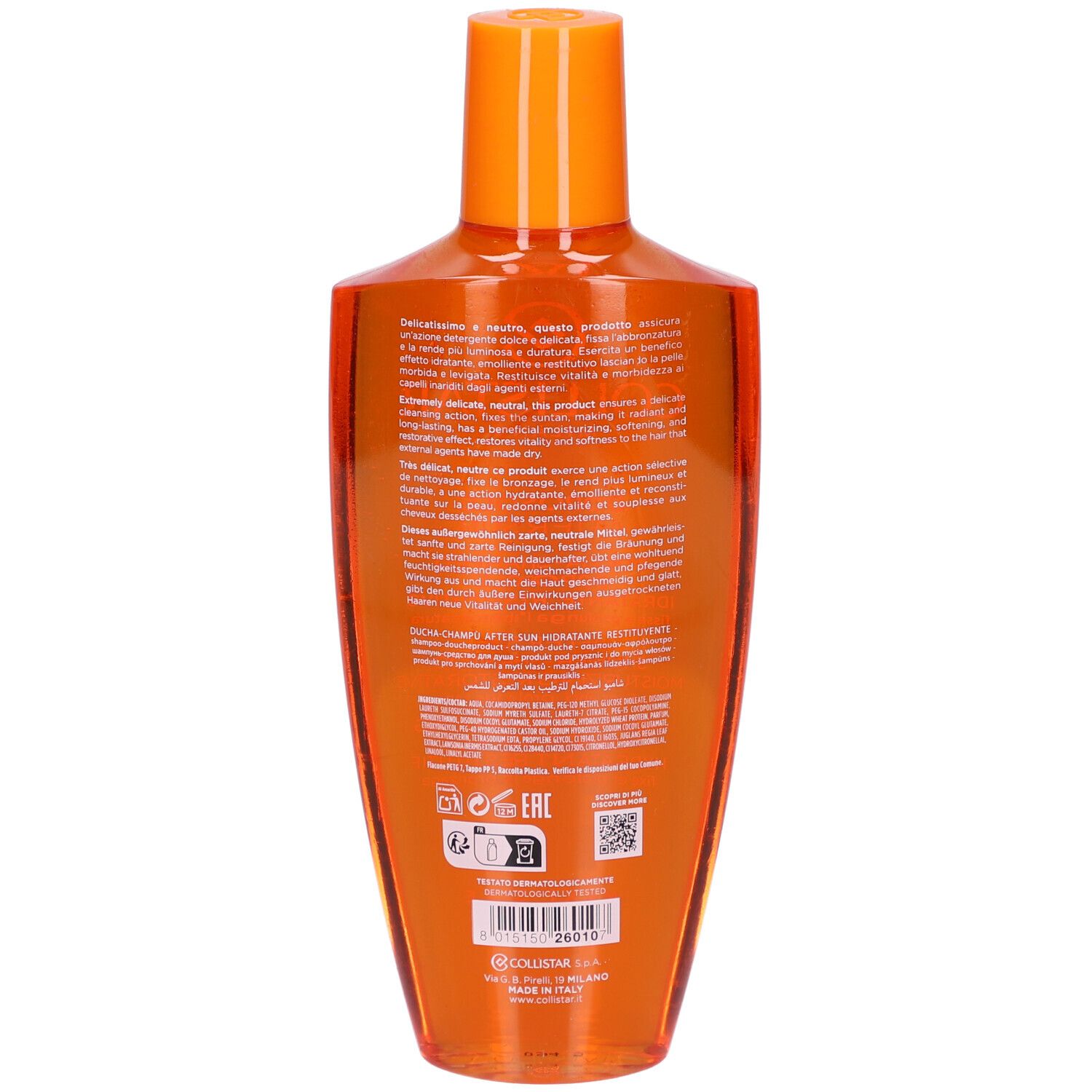 Rückseite der orangefarbenen Flasche. Text in mehreren Sprachen, darunter Deutsch, Französisch und Italienisch.