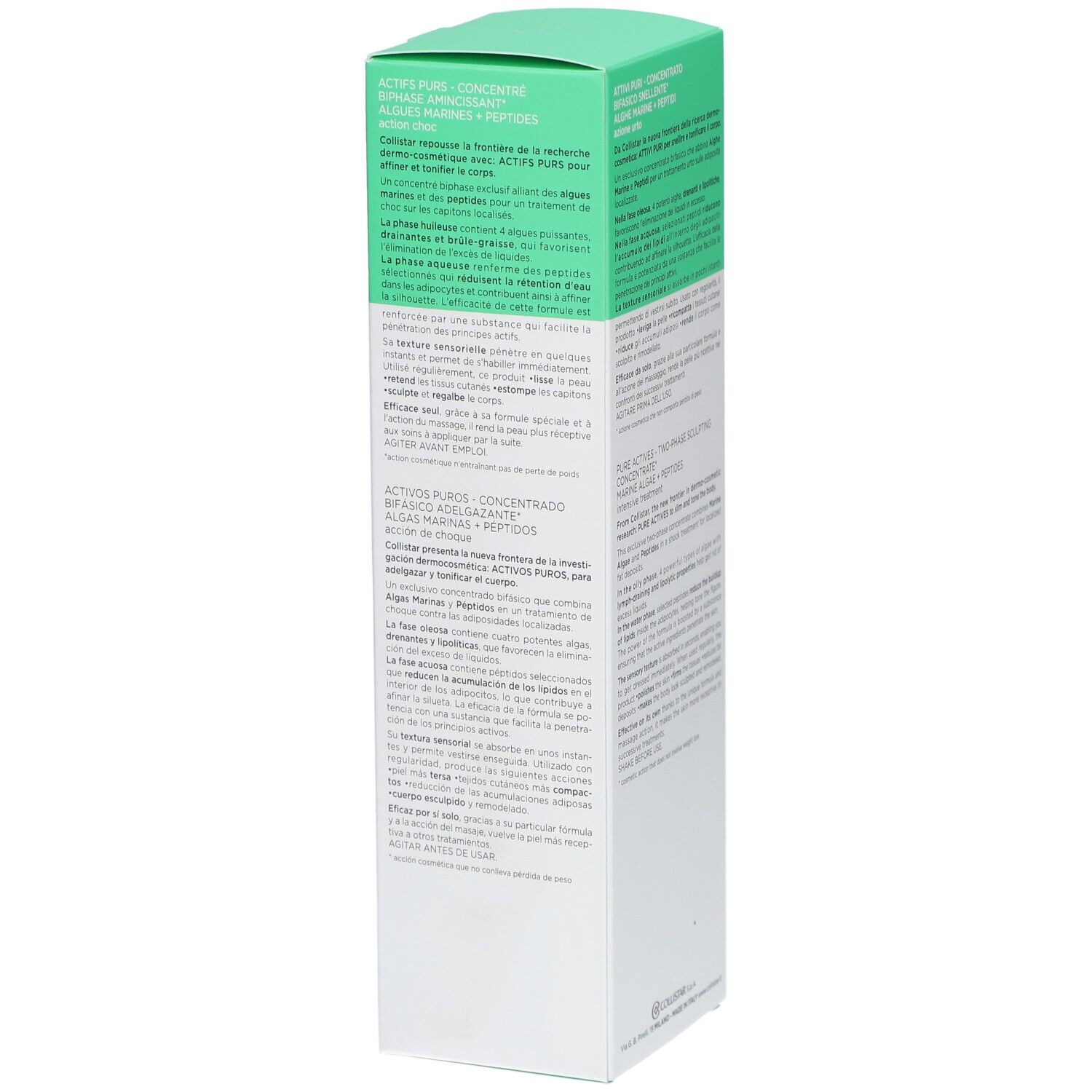 Seite der Collistar Attivi Puri Verpackung. Text in mehreren Sprachen, grüner Deckel, weißer Hintergrund.