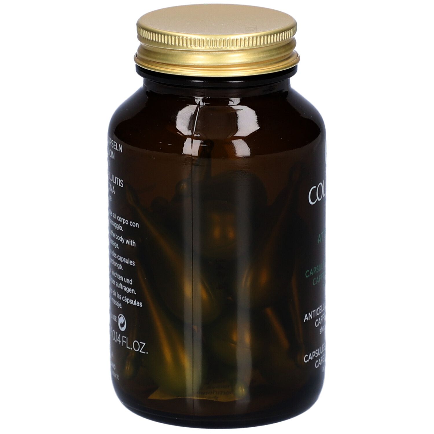Rückseite der braunen Glasflasche mit Produktinformationen. Collistar Attivi Puri Anticellulite Capsules.