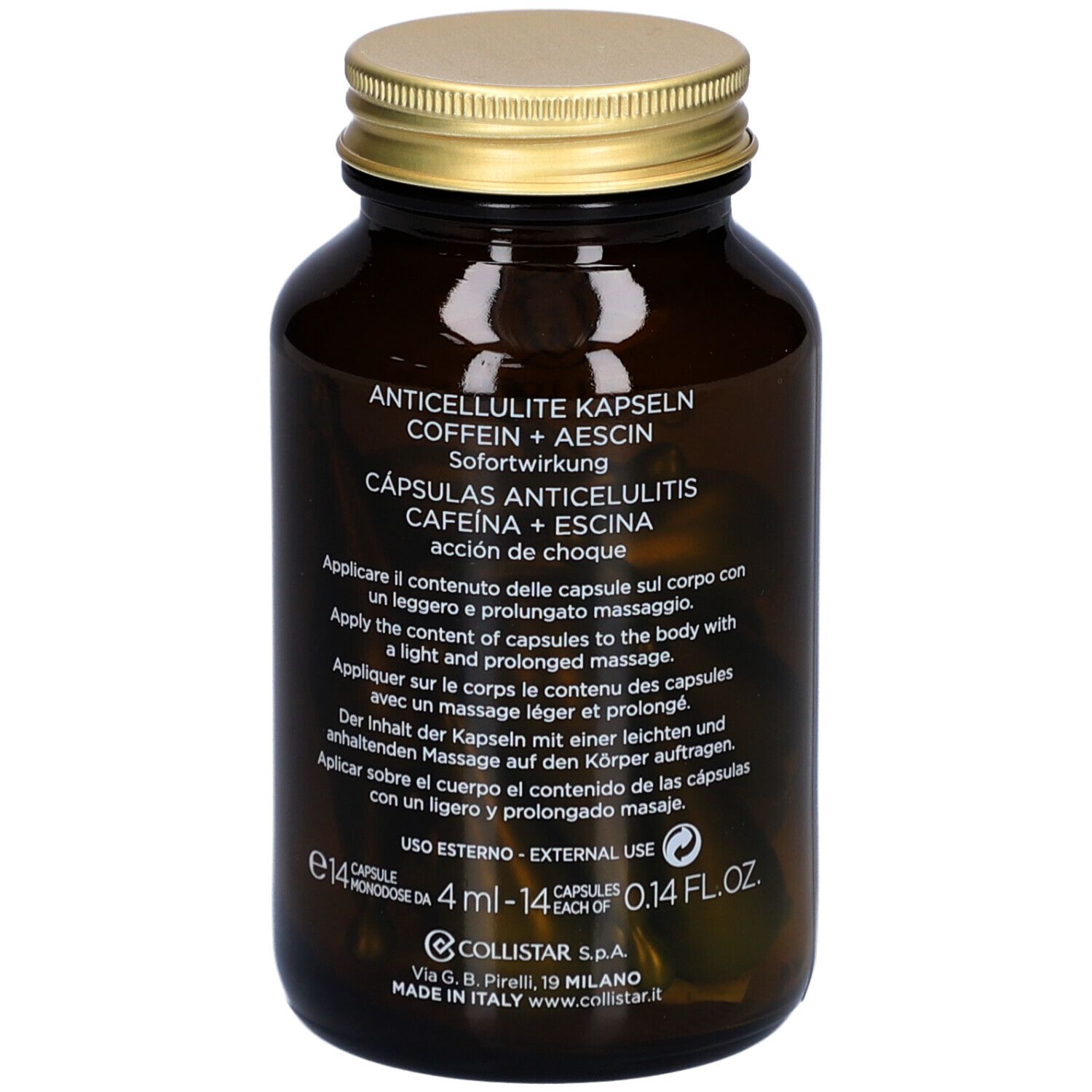 Rückseite der braunen Glasflasche mit Produktinformationen. Collistar Attivi Puri Anticellulite Capsules.