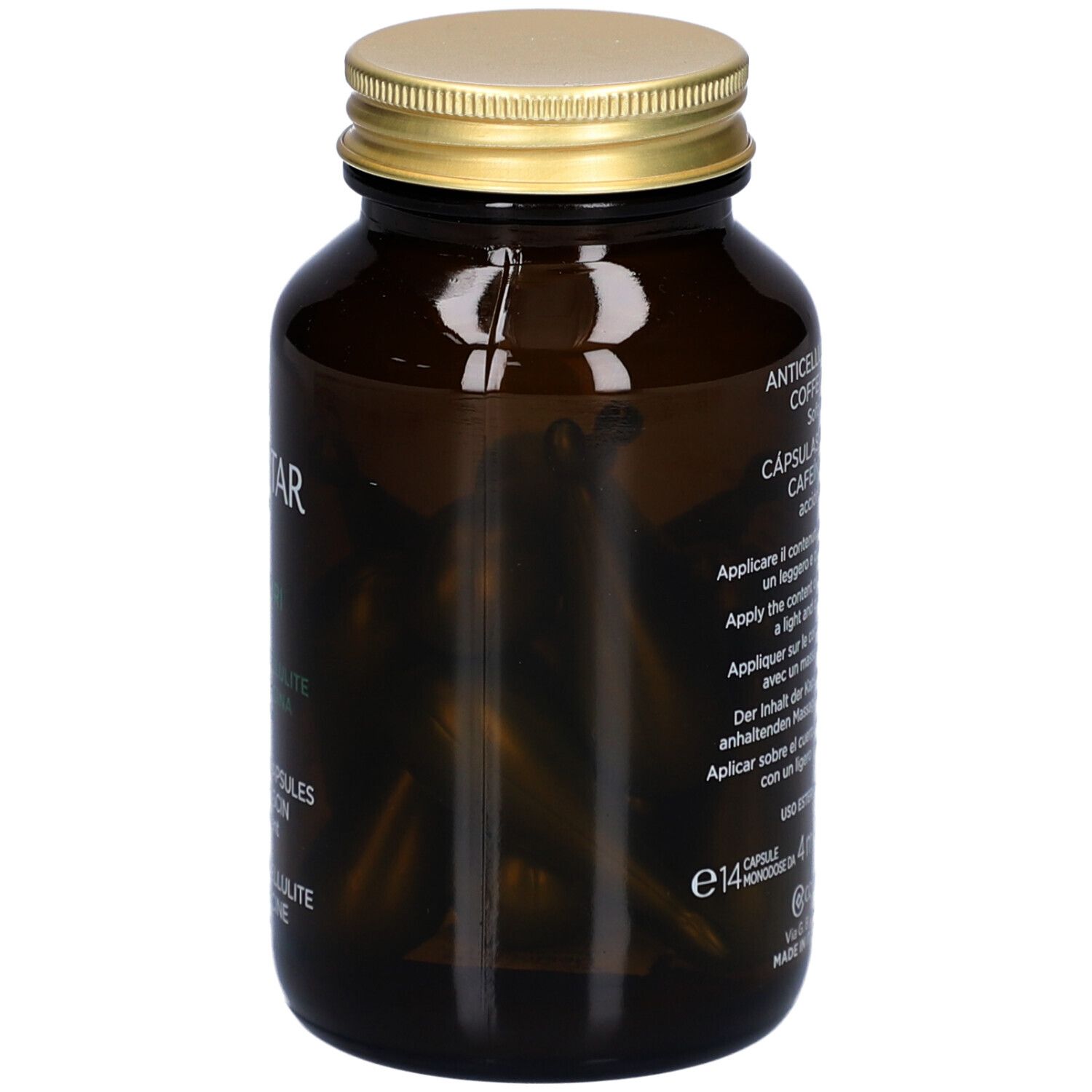 Rückseite der braunen Glasflasche mit Produktinformationen. Collistar Attivi Puri Anticellulite Capsules.