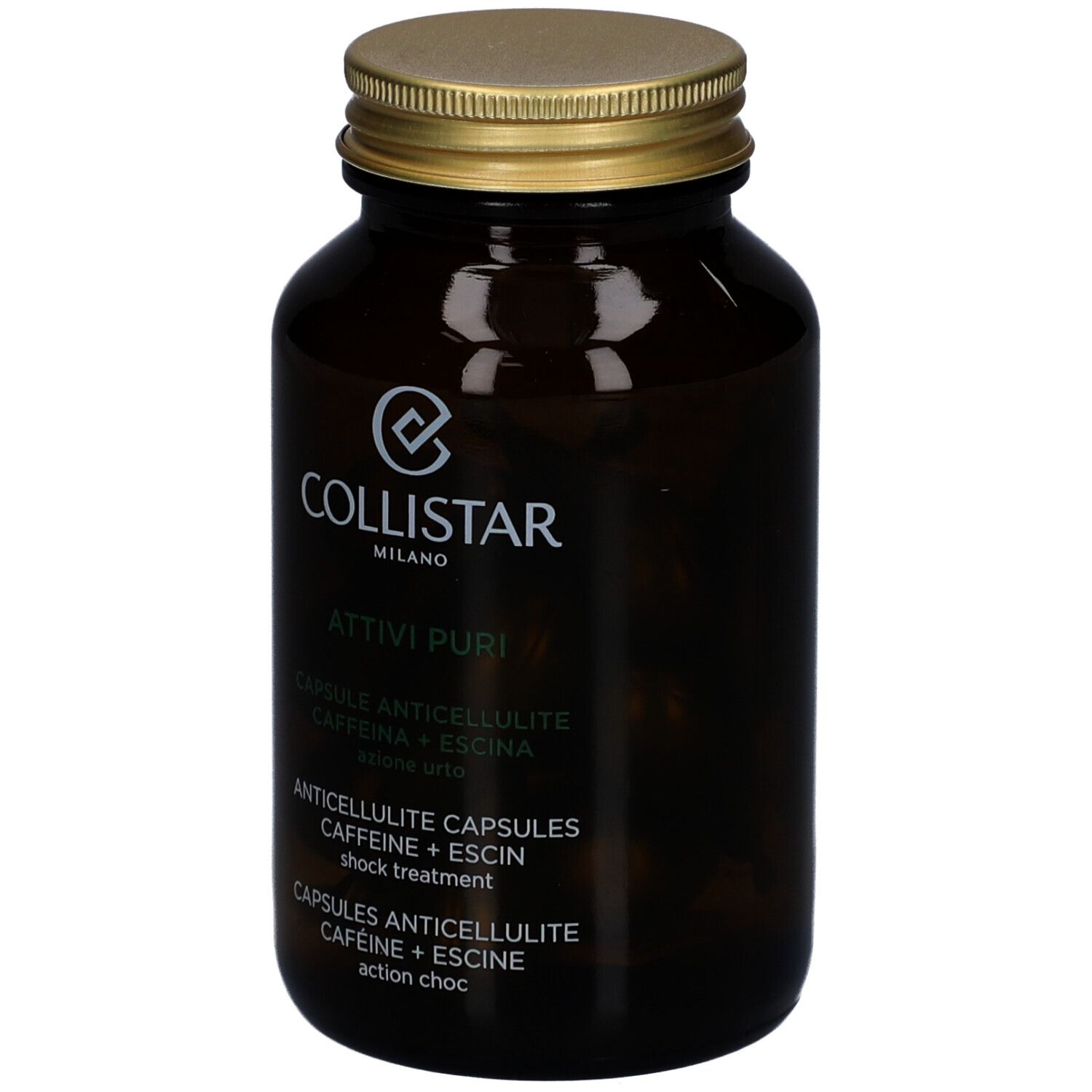 Braune Glasflasche mit goldfarbenem Deckel. Collistar-Logo und Produktbezeichnung Attivi Puri Anticellulite Capsules.