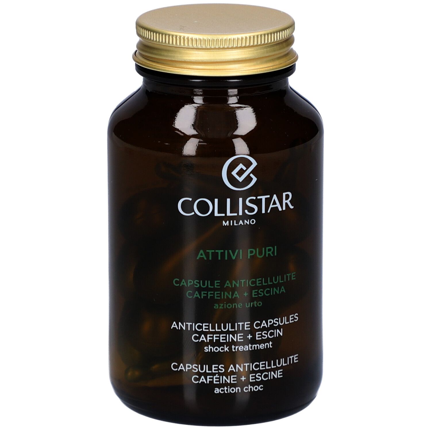 Braune Glasflasche mit goldfarbenem Deckel. Collistar-Logo und Produktbezeichnung Attivi Puri Anticellulite Capsules.