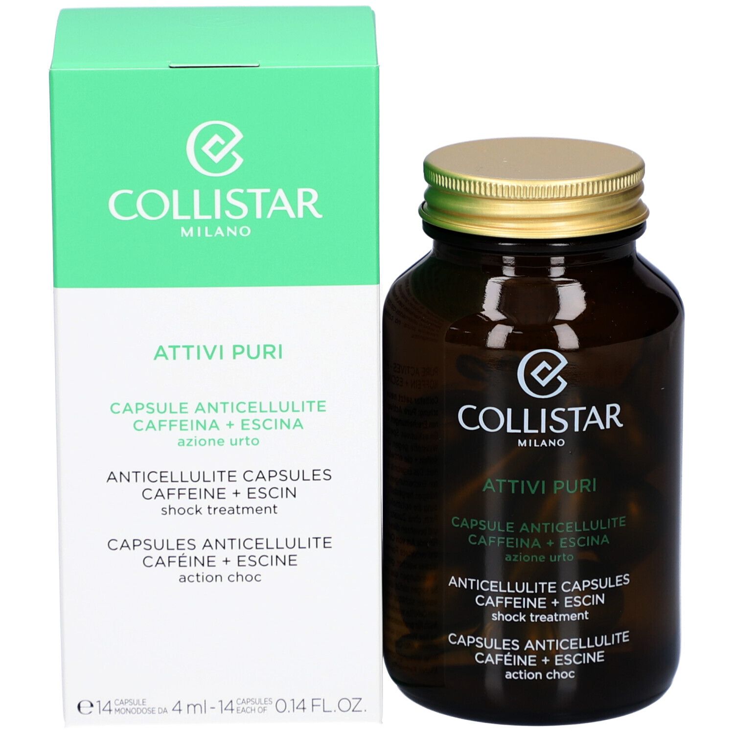 Produktverpackung und Flasche. Collistar Attivi Puri Anticellulite Capsules. Grüne Schachtel und braune Flasche.
