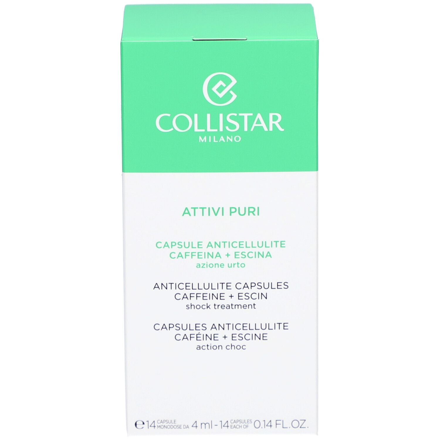 Grüne Produktverpackung. Collistar Attivi Puri Anticellulite Capsules. Text und Logo.