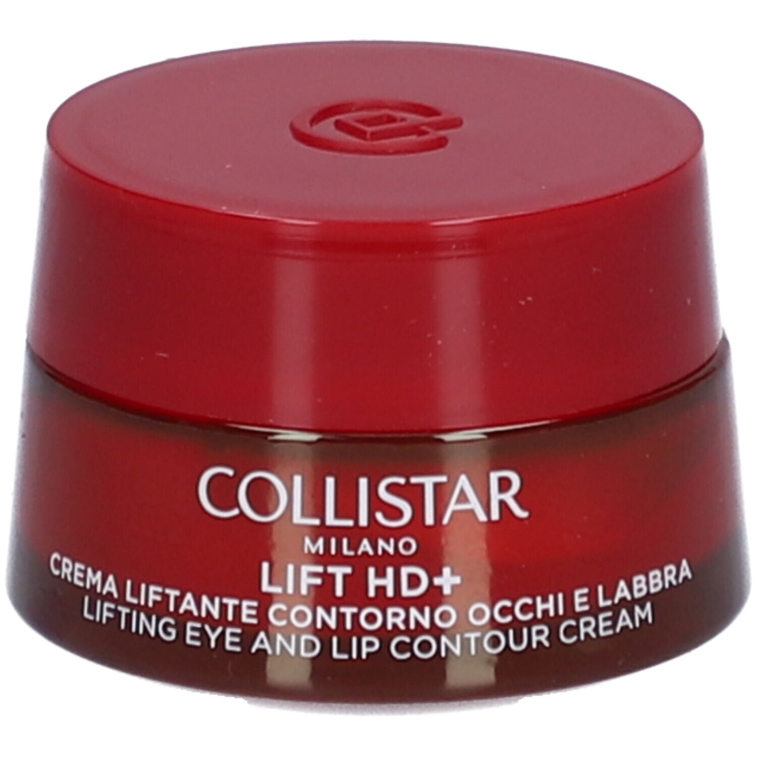 Roter Tiegel mit Deckel. Aufschrift: Collistar, Lift HD+, Creme für Augen- und Lippenkonturen.