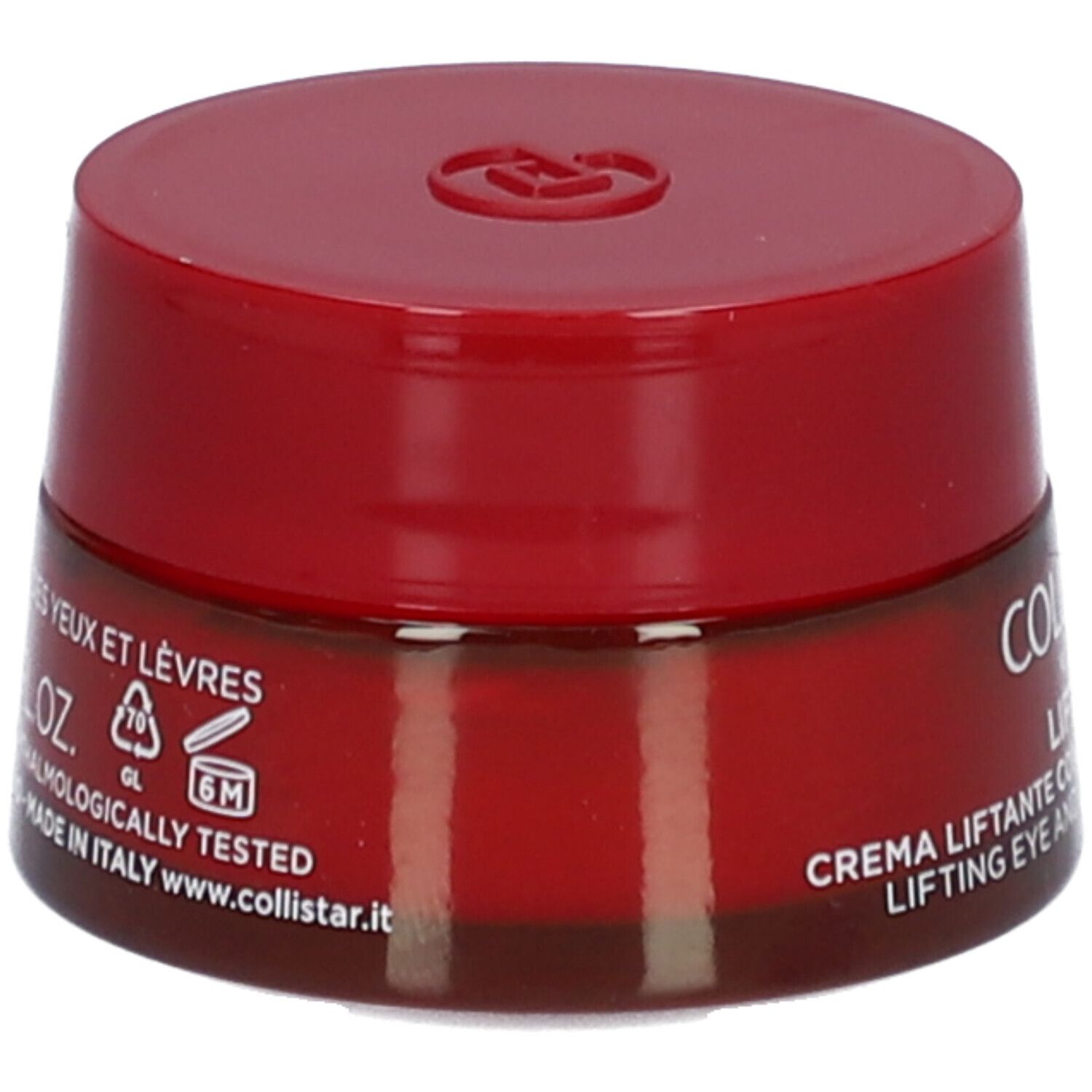 Roter Tiegel mit Deckel. Aufschrift: Collistar, Lift HD+, Creme für Augen- und Lippenkonturen. Rückseite mit Text.