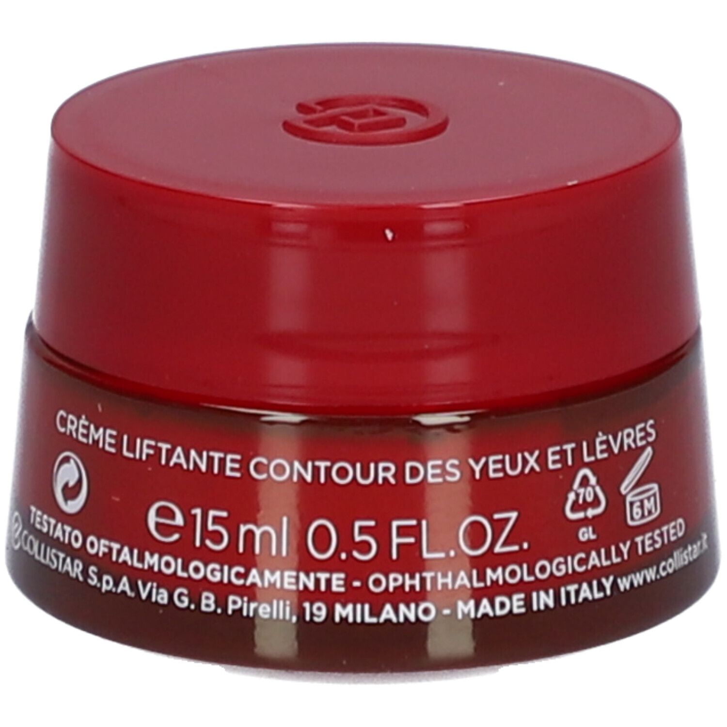 Roter Tiegel mit Deckel. Aufschrift: Collistar, Lift HD+, Creme für Augen- und Lippenkonturen. Volumen: 15 ml.