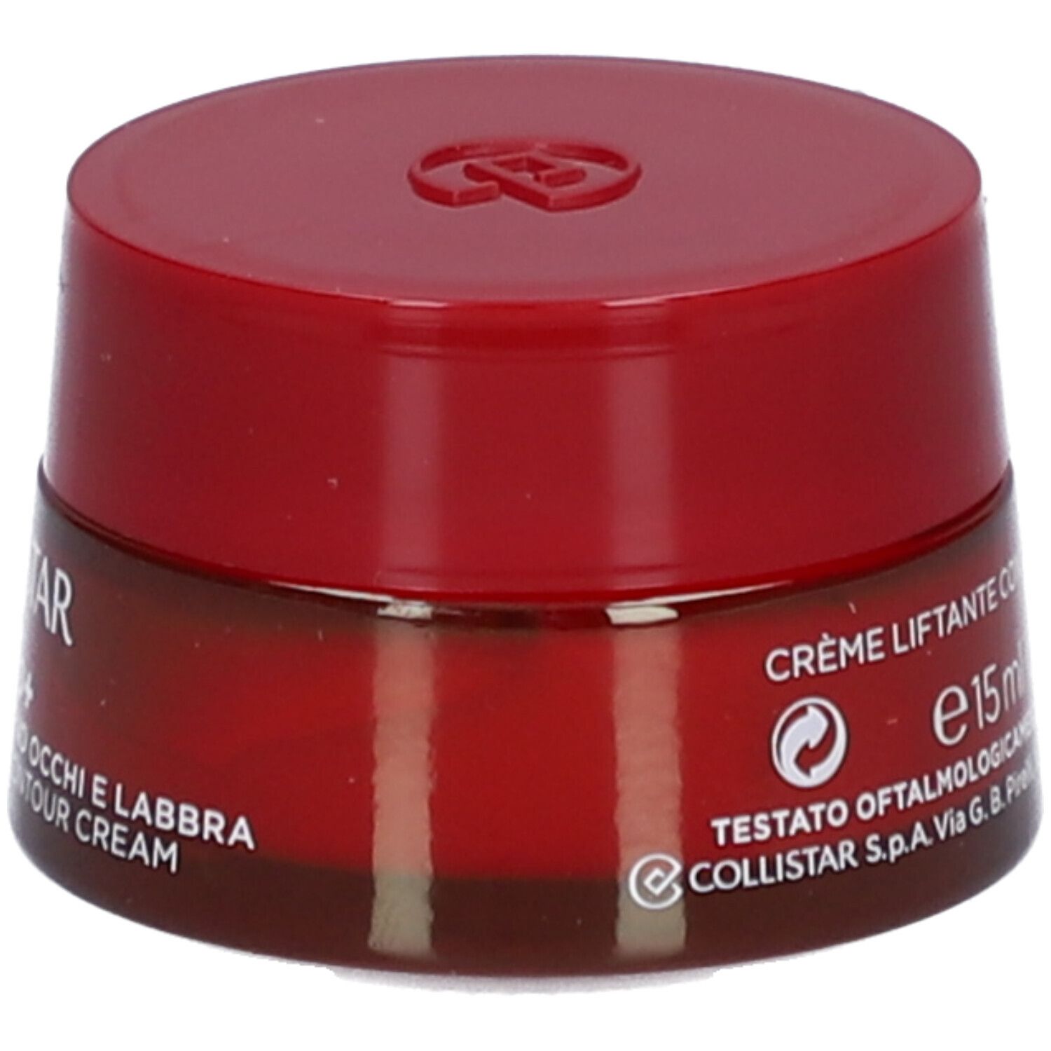 Roter Tiegel mit Deckel. Aufschrift: Collistar, Lift HD+, Creme für Augen- und Lippenkonturen. Volumen: 15 ml.