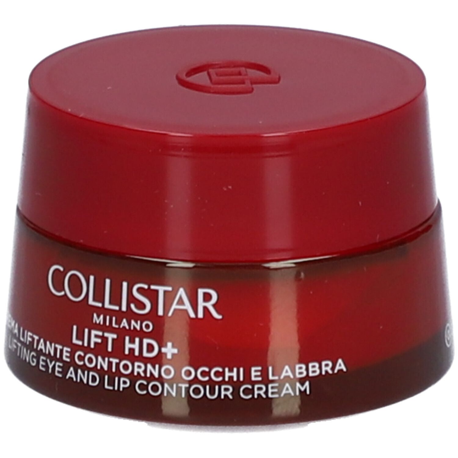 Roter Tiegel mit Deckel. Aufschrift: Collistar, Lift HD+, Creme für Augen- und Lippenkonturen.