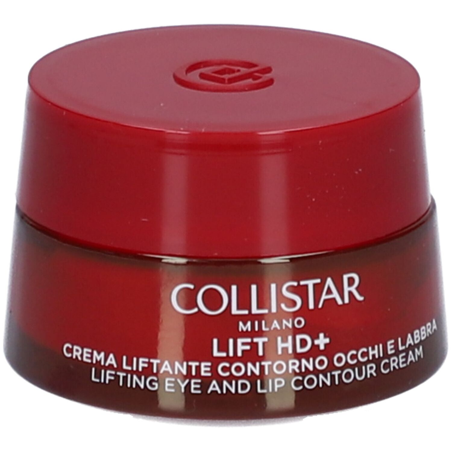 Roter Tiegel mit Deckel. Aufschrift: Collistar, Lift HD+, Creme für Augen- und Lippenkonturen.