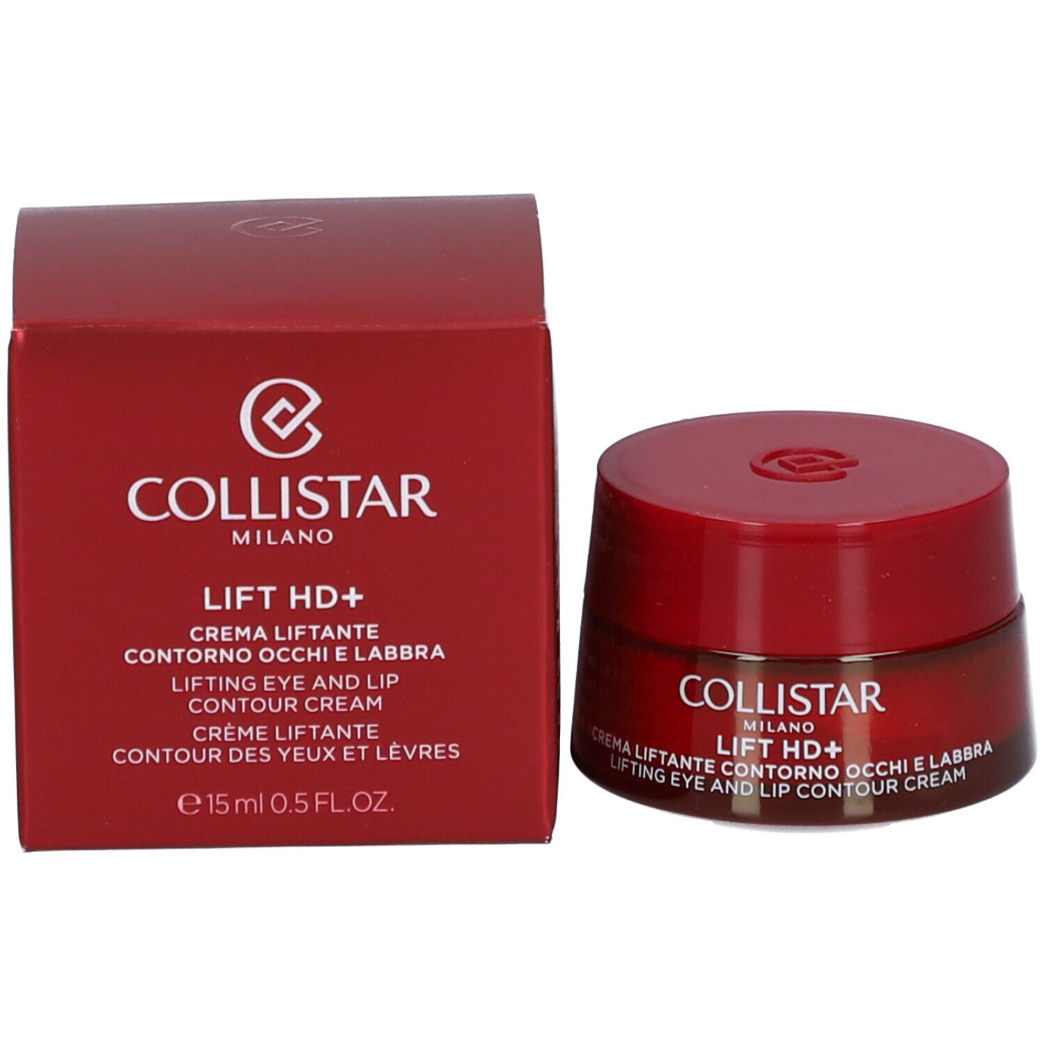 Roter Tiegel und Schachtel. Aufschrift: Collistar, Lift HD+, Creme für Augen- und Lippenkonturen. Volumen: 15 ml.