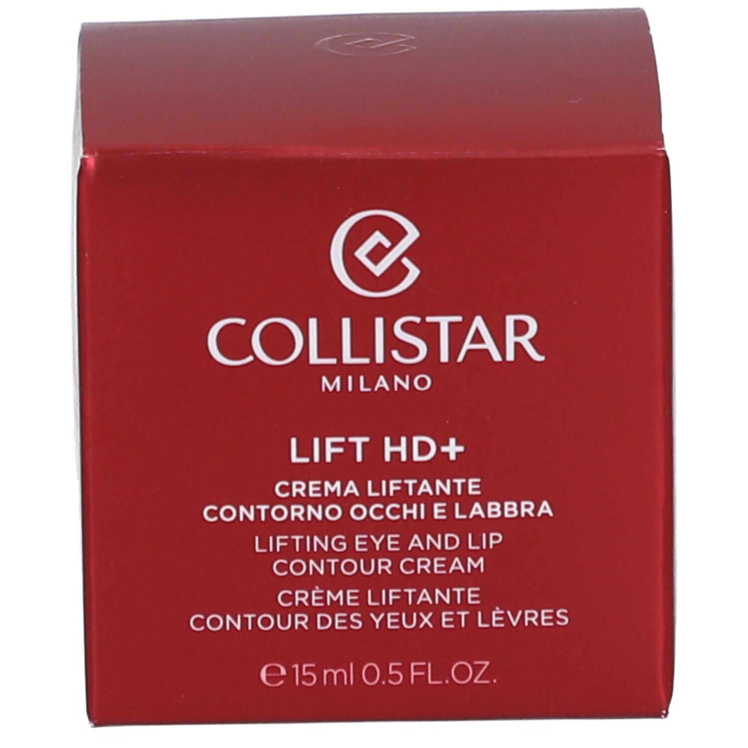 Rote Schachtel. Aufschrift: Collistar, Lift HD+, Creme für Augen- und Lippenkonturen. Volumen: 15 ml.