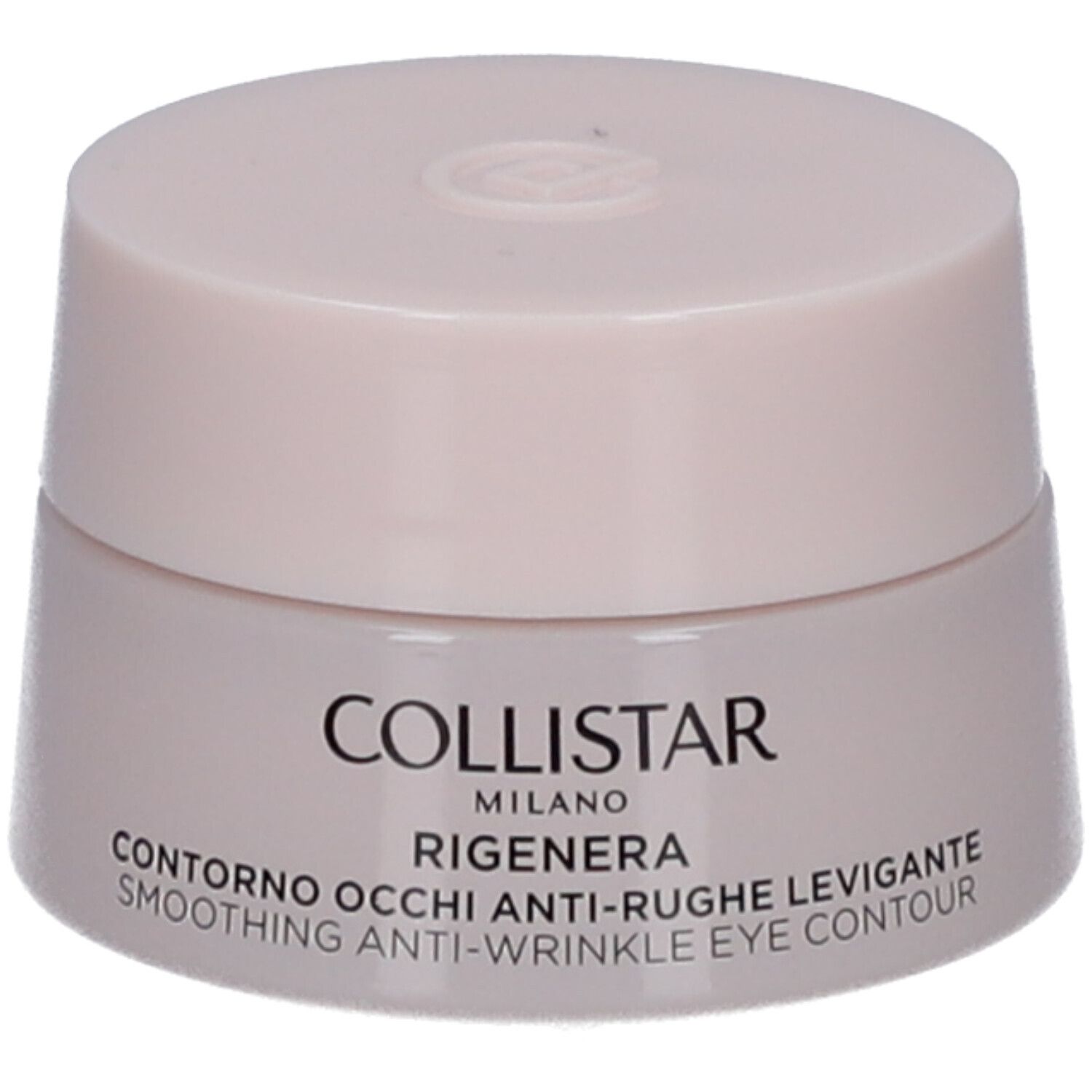 Cremebehälter mit Deckel. Aufschrift: COLLISTAR MILANO, CONTRONO OCCHI ANTI-RUGHE LEVIGANTE, SMOOTHING ANTI-WRINKLE EYE CONTOUR.