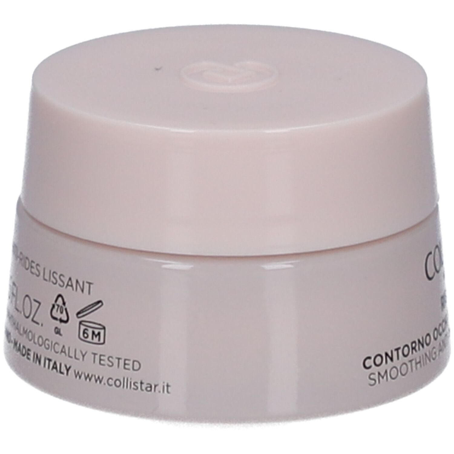 Cremebehälter mit Deckel. Aufschrift: CONTOUR DES YEUX ANTI-RIDES LISSANT, 15 ml, 0.5 FL.OZ. Dermatologisch getestet.