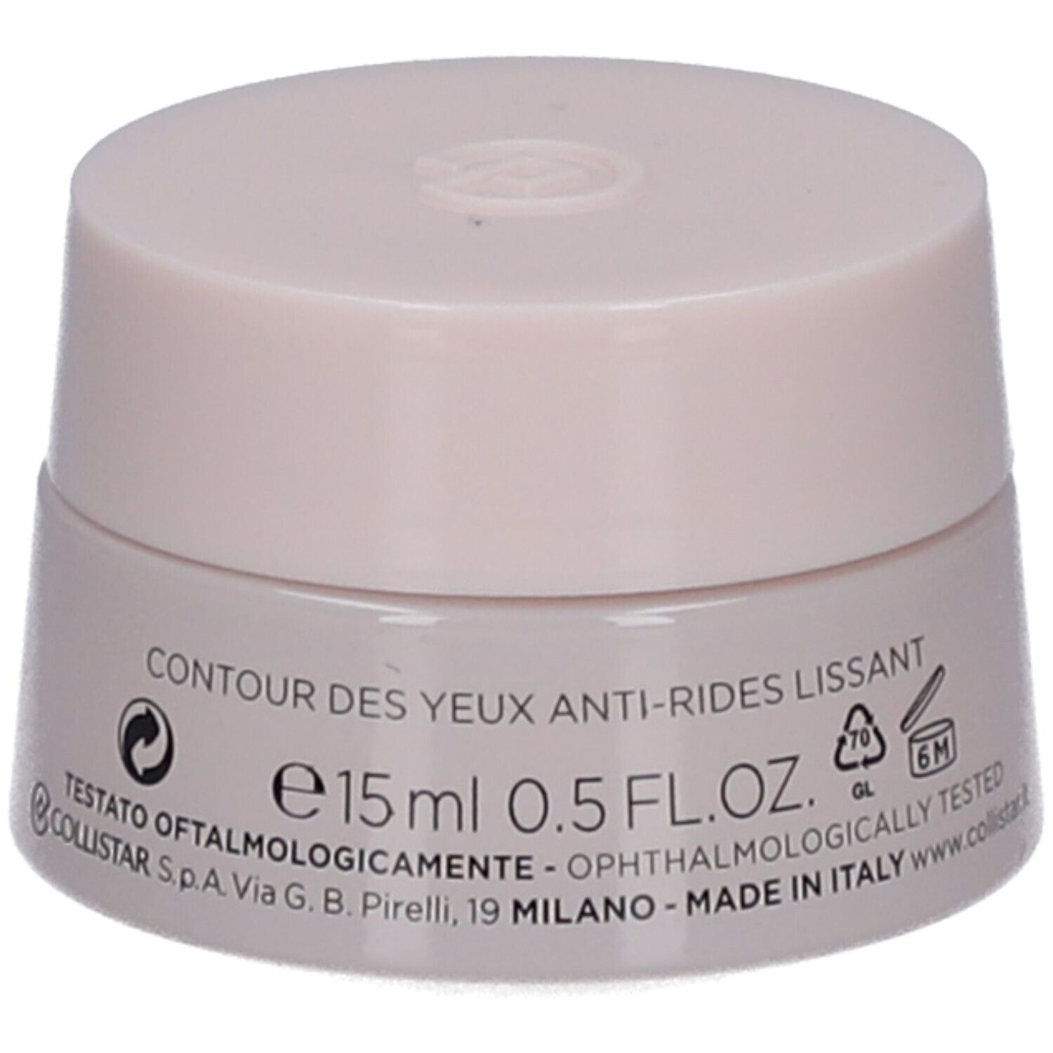 Cremebehälter mit Deckel. Aufschrift: CONTOUR DES YEUX ANTI-RIDES LISSANT, 15 ml, 0.5 FL.OZ. Dermatologisch getestet.