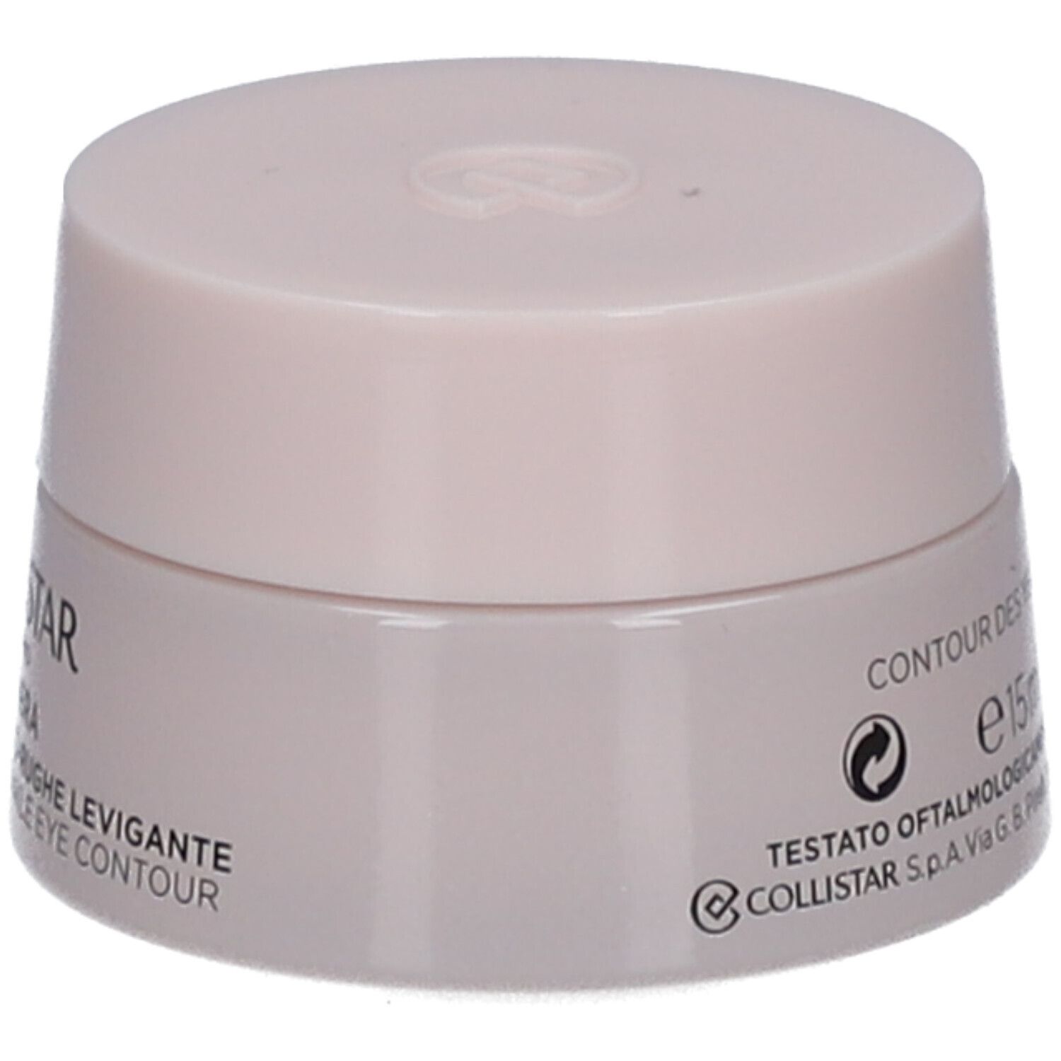 Cremebehälter mit Deckel. Aufschrift: CONTOUR DES YEUX ANTI-RIDES LISSANT, 15 ml, 0.5 FL.OZ. Dermatologisch getestet.