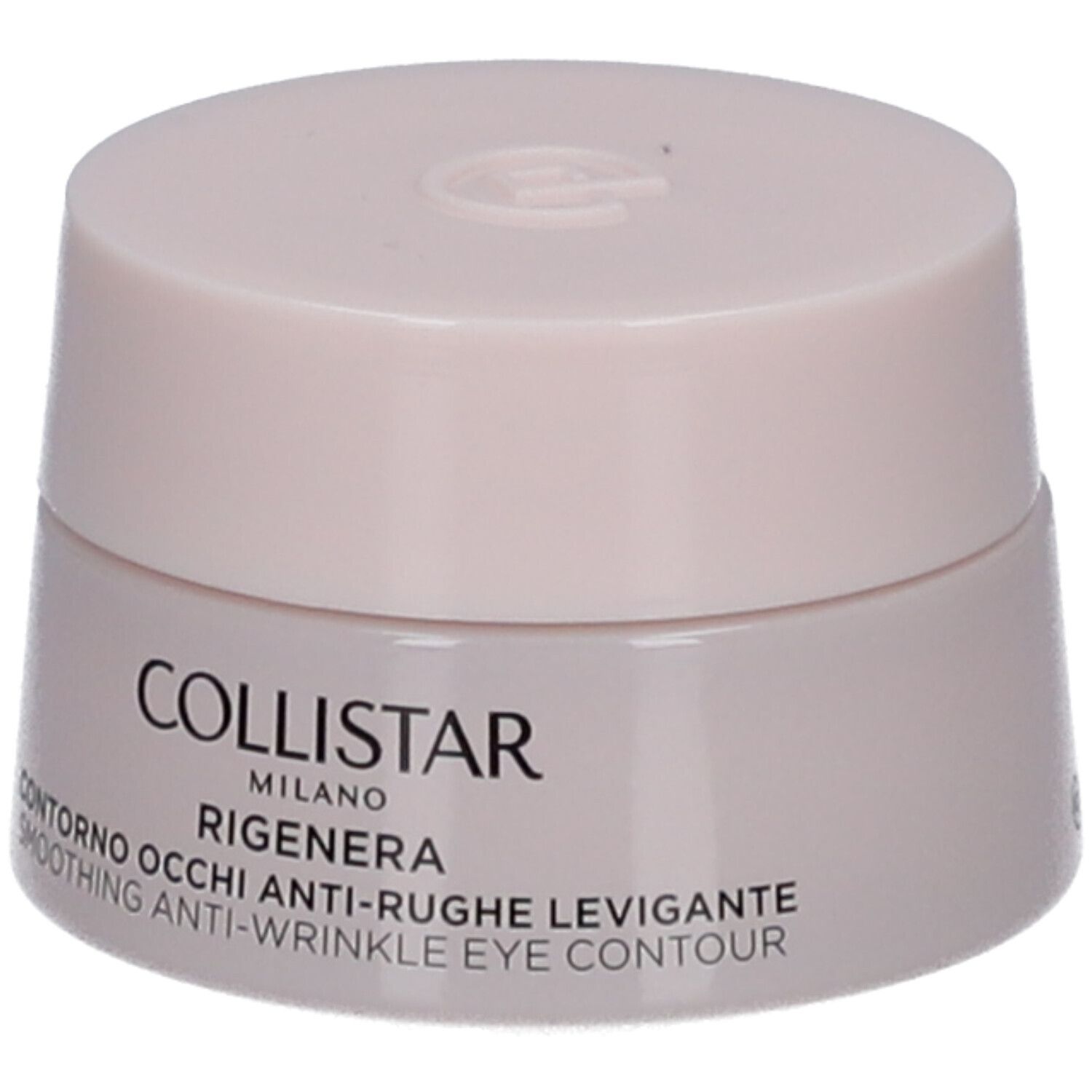 Cremebehälter mit Deckel. Aufschrift: COLLISTAR MILANO, CONTRONO OCCHI ANTI-RUGHE LEVIGANTE, SMOOTHING ANTI-WRINKLE EYE CONTOUR.