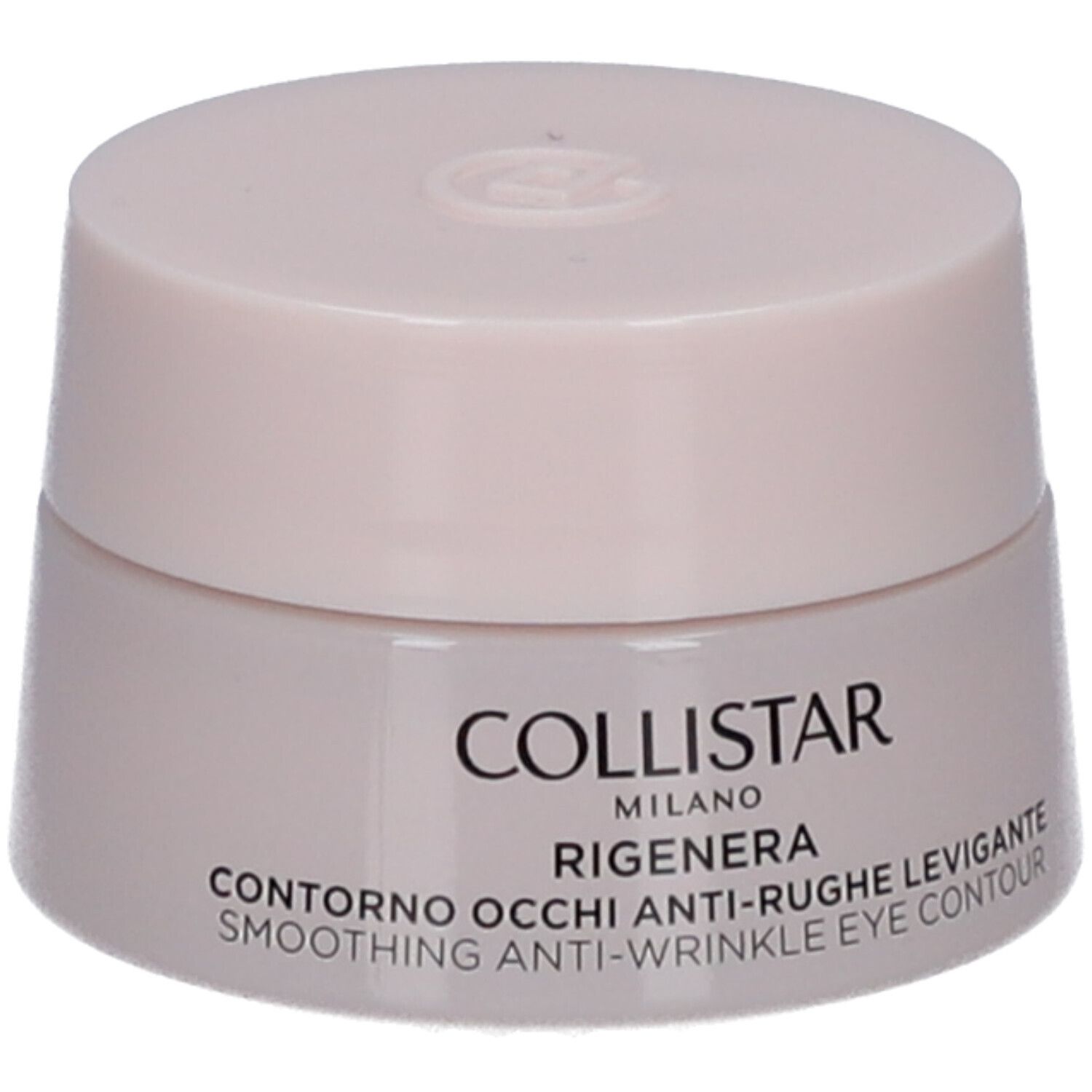 Cremebehälter mit Deckel. Aufschrift: COLLISTAR MILANO, CONTRONO OCCHI ANTI-RUGHE LEVIGANTE, SMOOTHING ANTI-WRINKLE EYE CONTOUR.