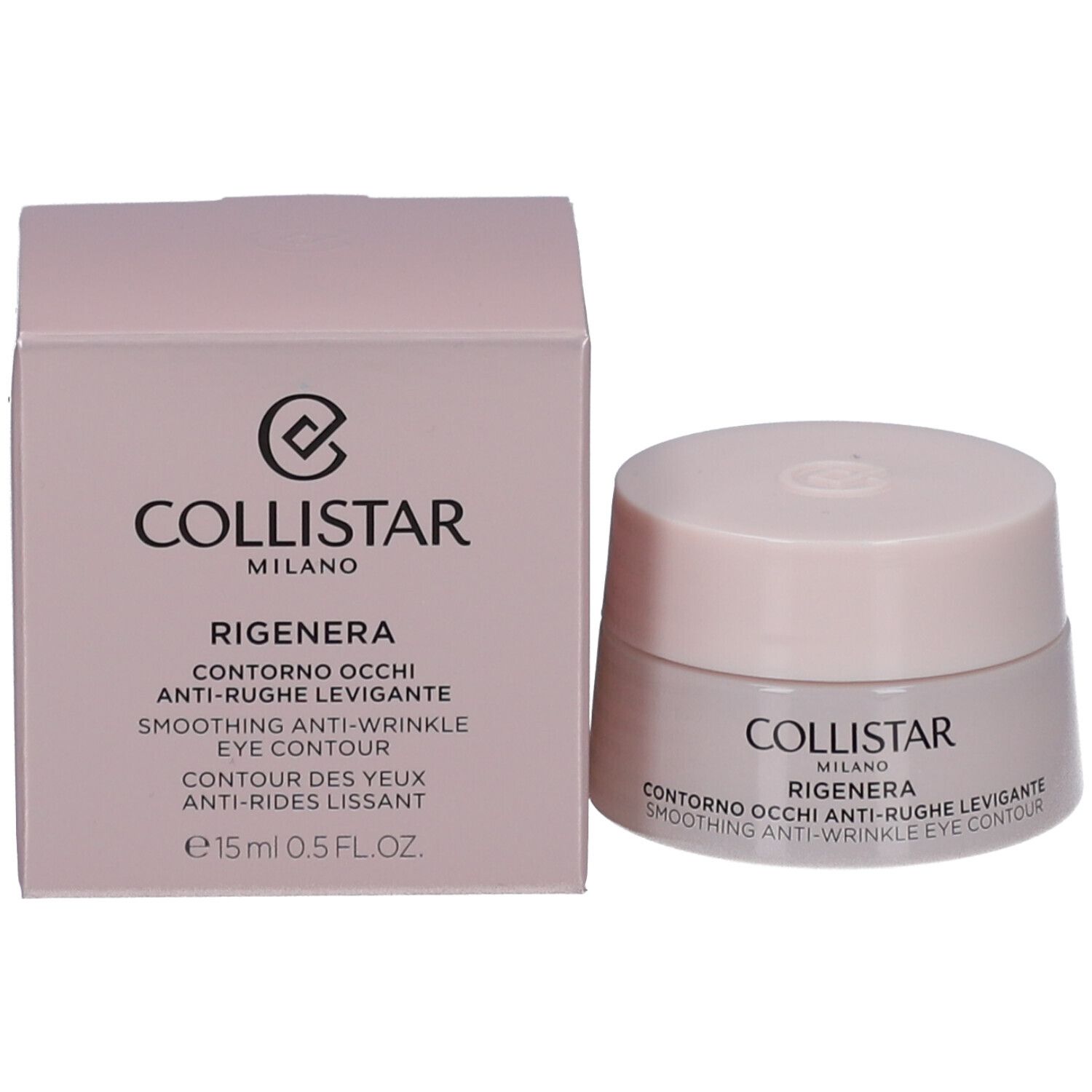 Cremebehälter und Schachtel. Aufschrift: COLLISTAR MILANO, CONTRONO OCCHI ANTI-RUGHE LEVIGANTE, SMOOTHING ANTI-WRINKLE EYE CONTOUR, 15 ml, 0.5 FL.OZ.