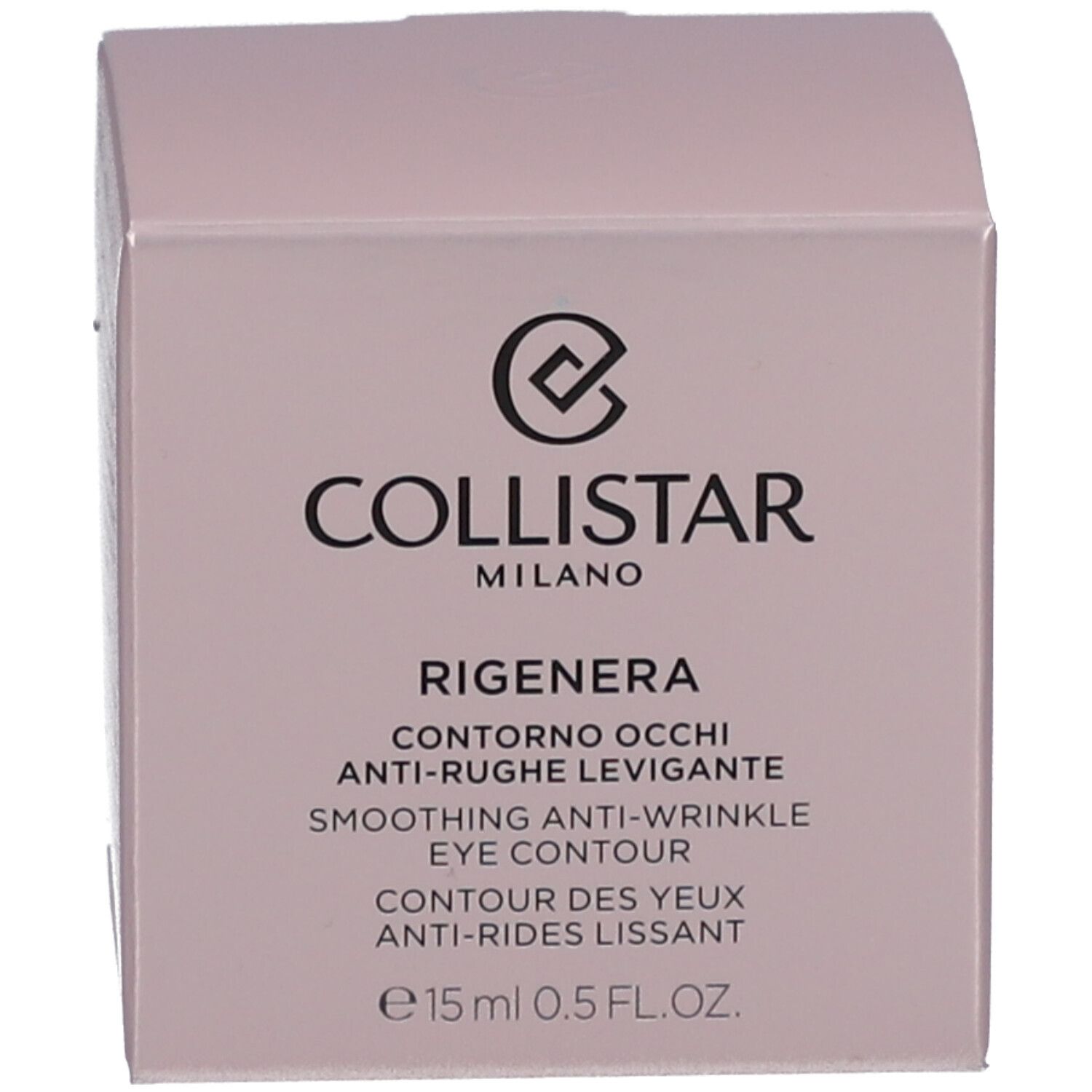 Schachtel. Aufschrift: COLLISTAR MILANO, CONTRONO OCCHI ANTI-RUGHE LEVIGANTE, SMOOTHING ANTI-WRINKLE EYE CONTOUR, 15 ml, 0.5 FL.OZ.