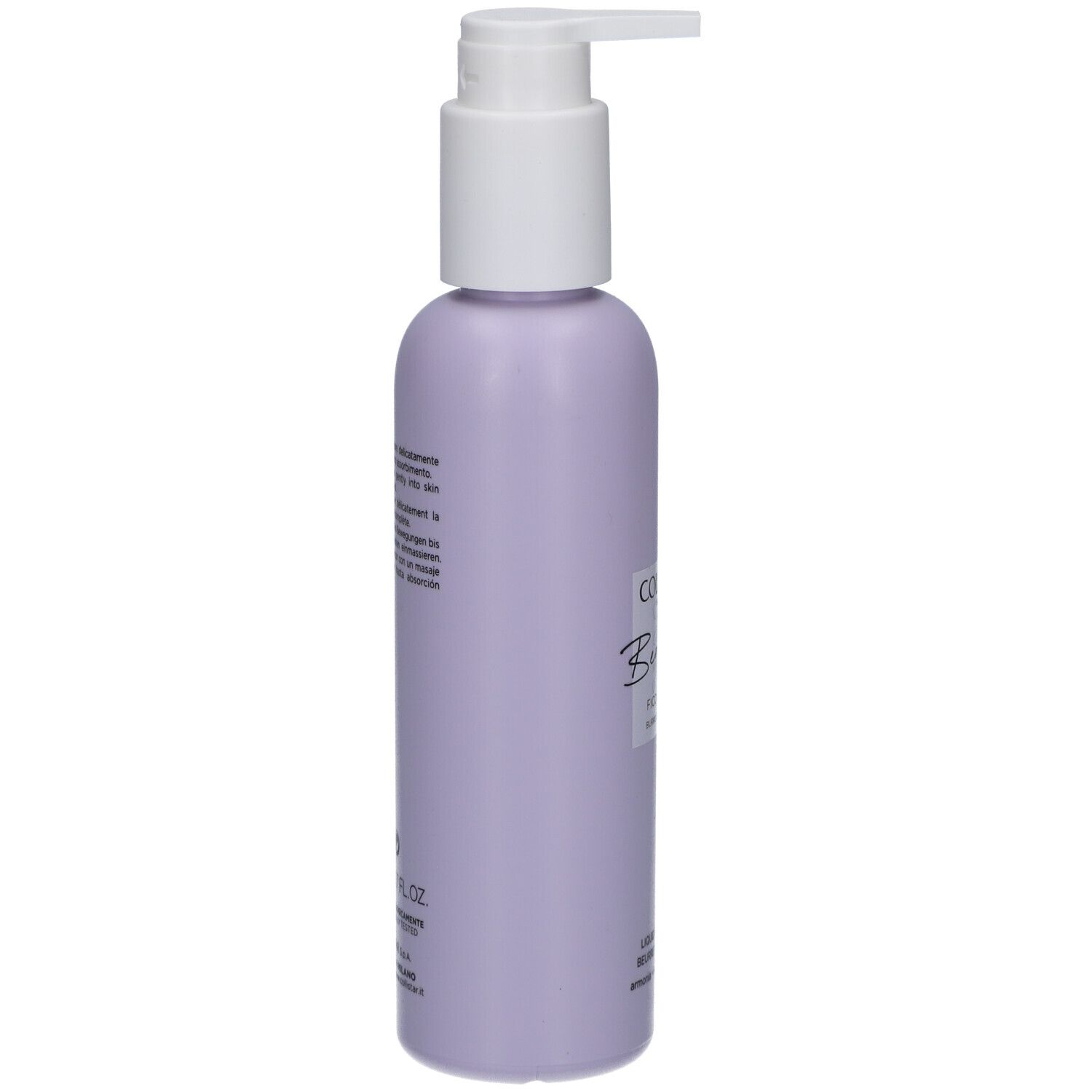 Flasche mit Pumpverschluss. Fliederfarben, Text auf der Seite. Collistar, Benessere, Feige & Glyzinie. 200 ml.