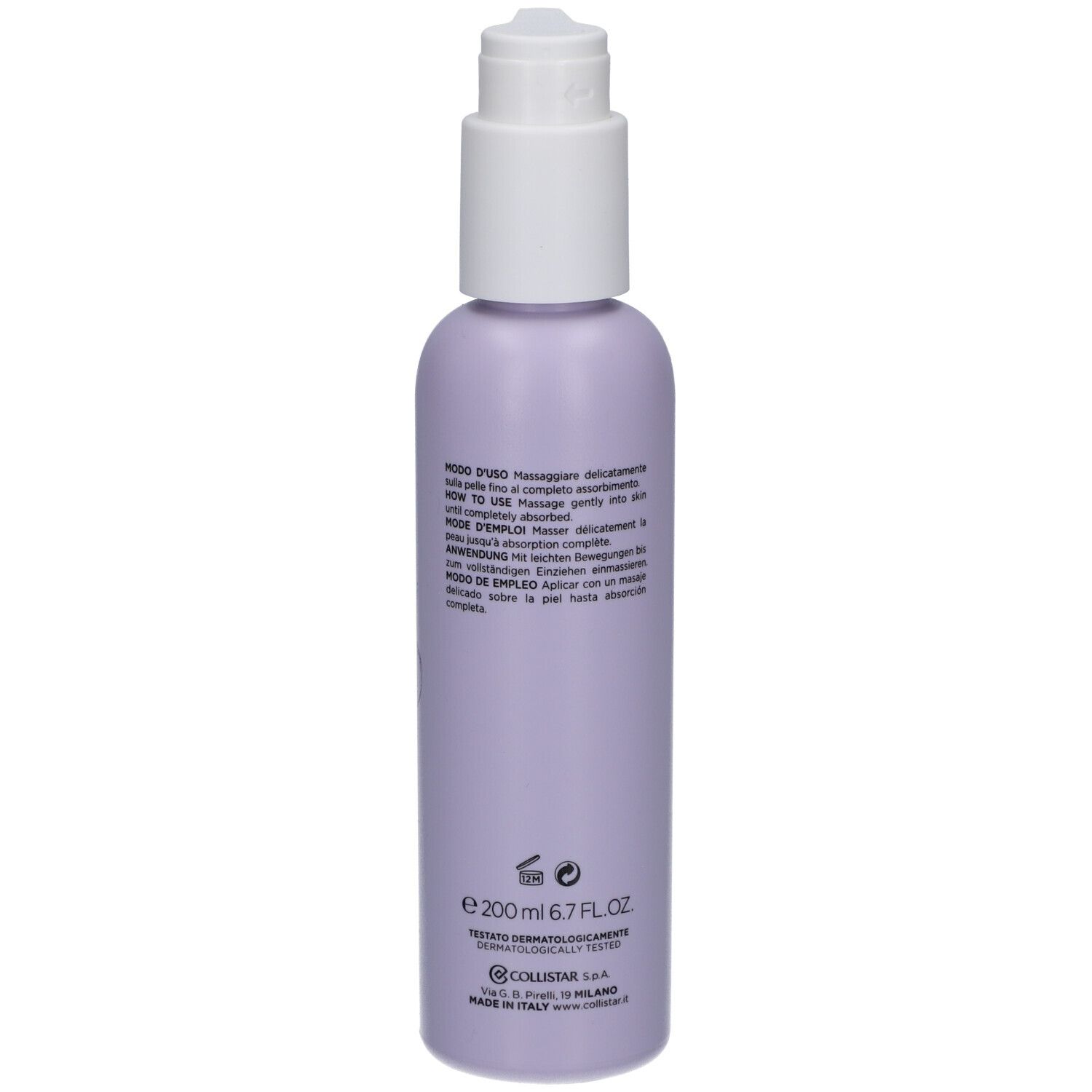 Rückseite der Flasche mit Pumpverschluss. Fliederfarben, Text. Collistar, Benessere, Feige & Glyzinie. 200 ml.