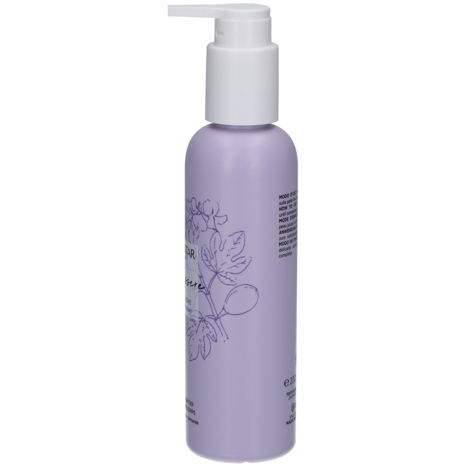 Flasche mit Pumpverschluss. Fliederfarben, Text und Illustration. Collistar, Benessere, Feige & Glyzinie. 200 ml.