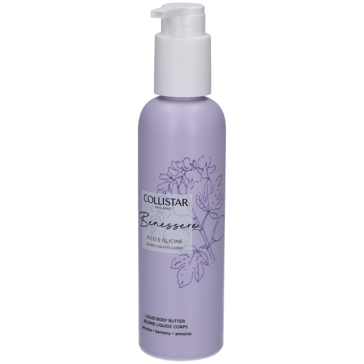 Flasche mit Pumpverschluss. Fliederfarbenes Etikett mit floralem Muster und Text: Collistar, Benessere, Feige & Glyzinie.