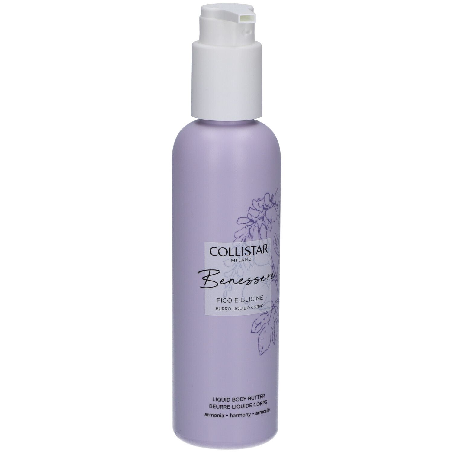 Flasche mit Pumpverschluss. Fliederfarbenes Etikett mit floralem Muster und Text: Collistar, Benessere, Feige & Glyzinie.