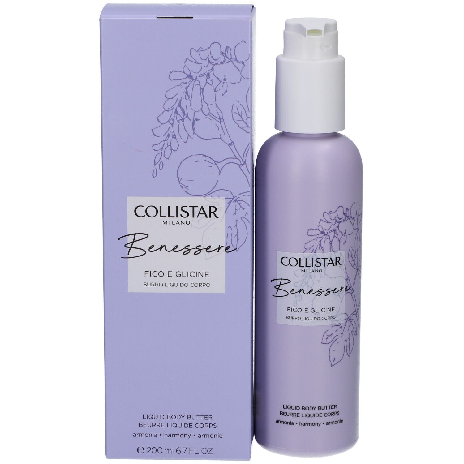 Produktverpackung. Fliederfarbene Schachtel und Flasche mit Pumpverschluss. Collistar, Benessere, Feige & Glyzinie.