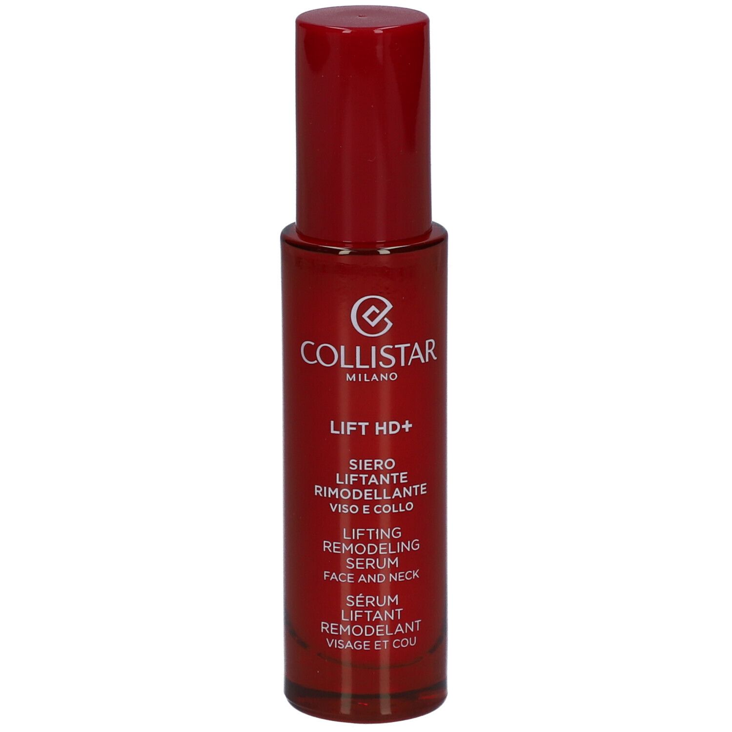 Rote Flasche mit rotem Deckel. Aufschrift: Collistar, Lift HD+, Serum für Gesicht und Hals.