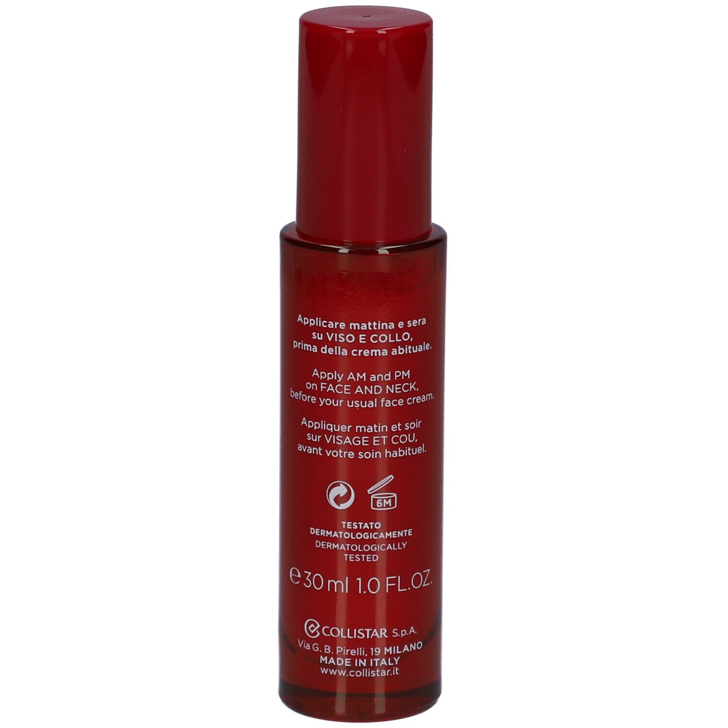 Rote Flasche mit rotem Deckel. Aufschrift: Collistar, Lift HD+, Serum für Gesicht und Hals.