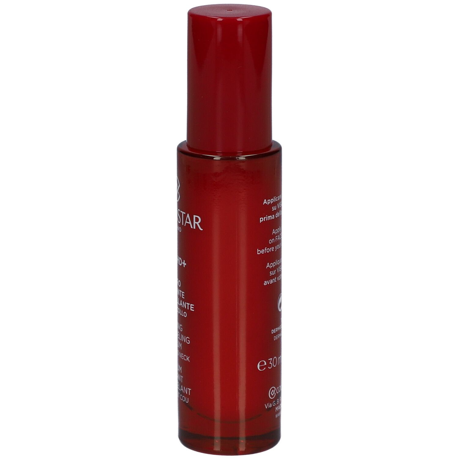 Rote Flasche mit rotem Deckel. Aufschrift: Collistar, Lift HD+, Serum für Gesicht und Hals.