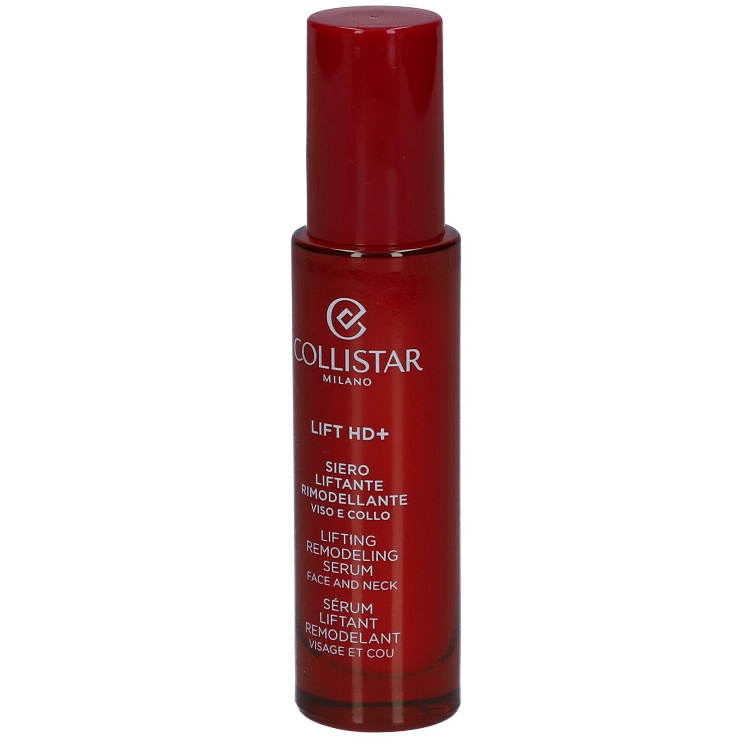 Rote Flasche mit rotem Deckel. Aufschrift: Collistar, Lift HD+, Serum für Gesicht und Hals.