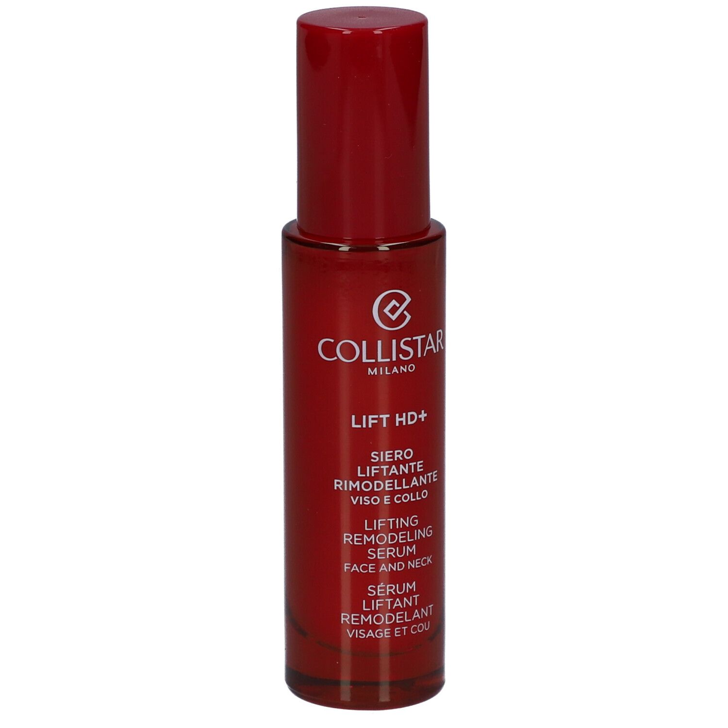 Rote Flasche mit rotem Deckel. Aufschrift: Collistar, Lift HD+, Serum für Gesicht und Hals.