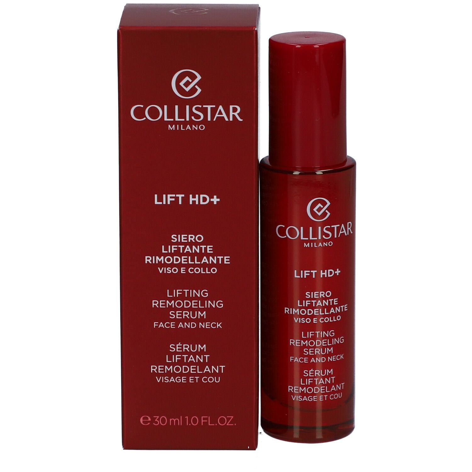 Rote Flasche und Schachtel. Aufschrift: Collistar, Lift HD+, Serum für Gesicht und Hals.