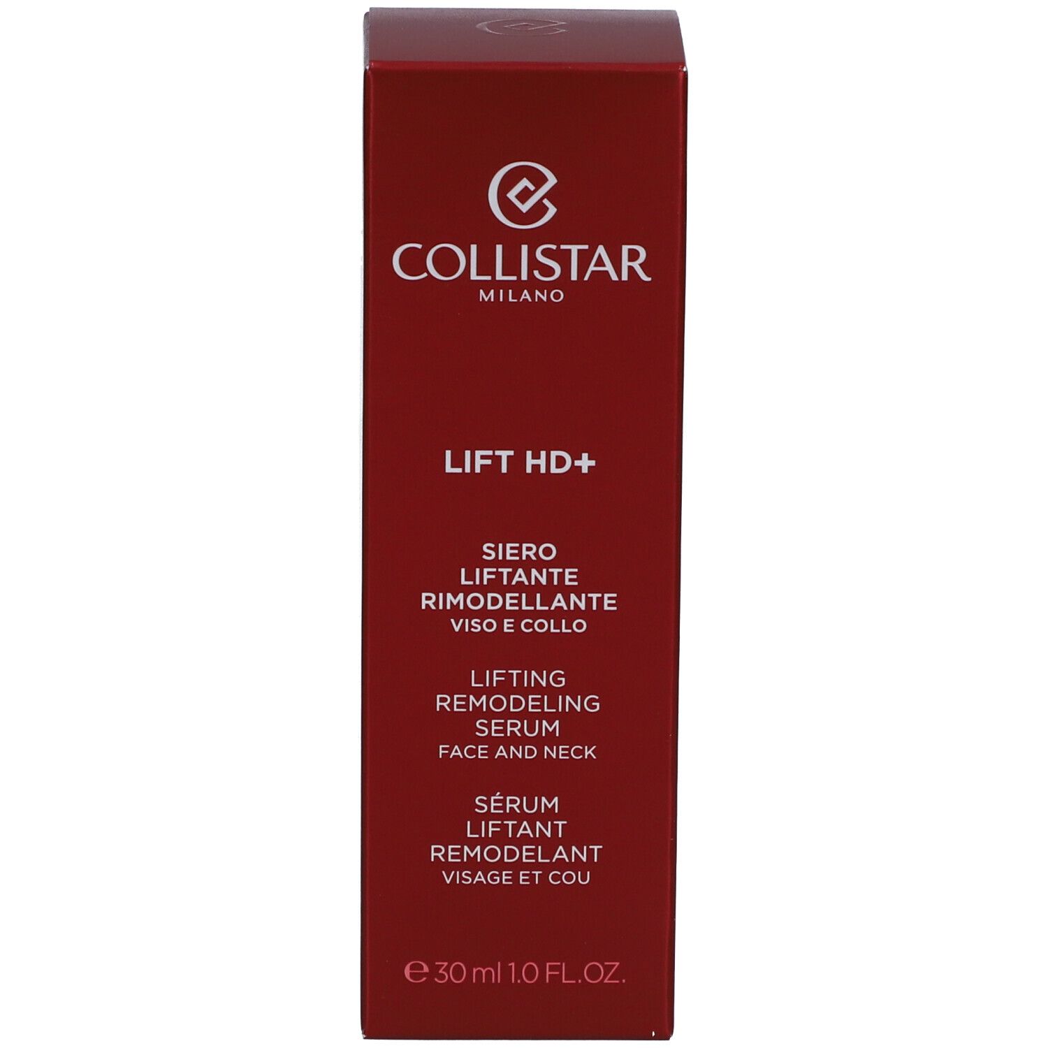 Rote Schachtel. Aufschrift: Collistar, Lift HD+, Serum für Gesicht und Hals.