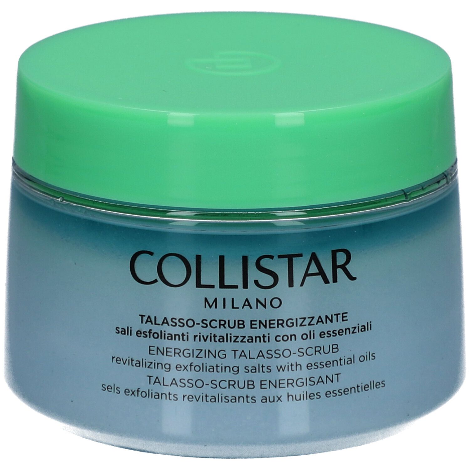 Blau-grünes Tiegel mit grünem Deckel. Schriftzug: COLLISTAR MILANO. Produktname und Beschreibung.