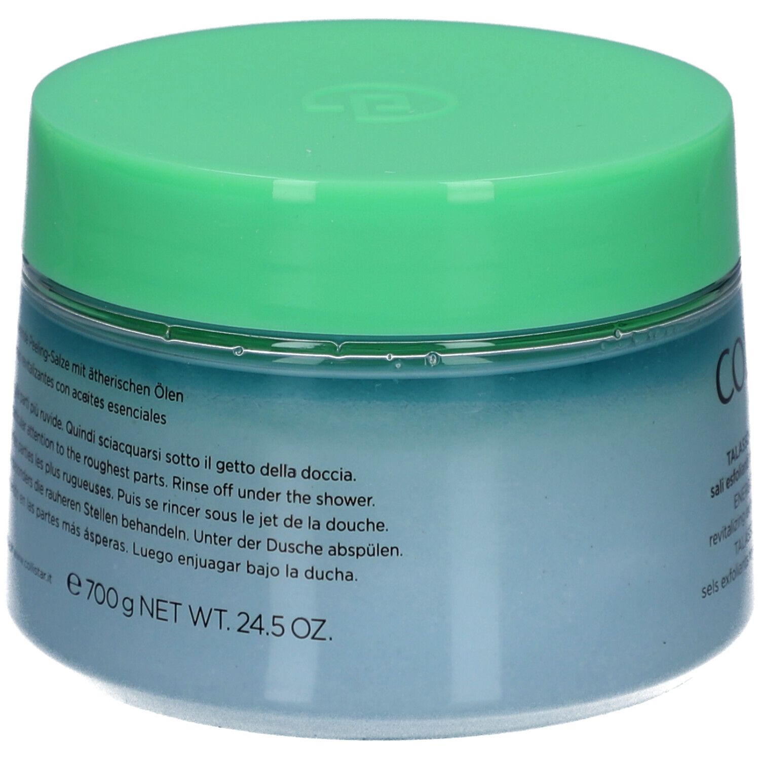 Blau-grünes Tiegel mit grünem Deckel. Text auf dem Etikett. Gewicht: 700 g NET WT. 24,5 OZ.
