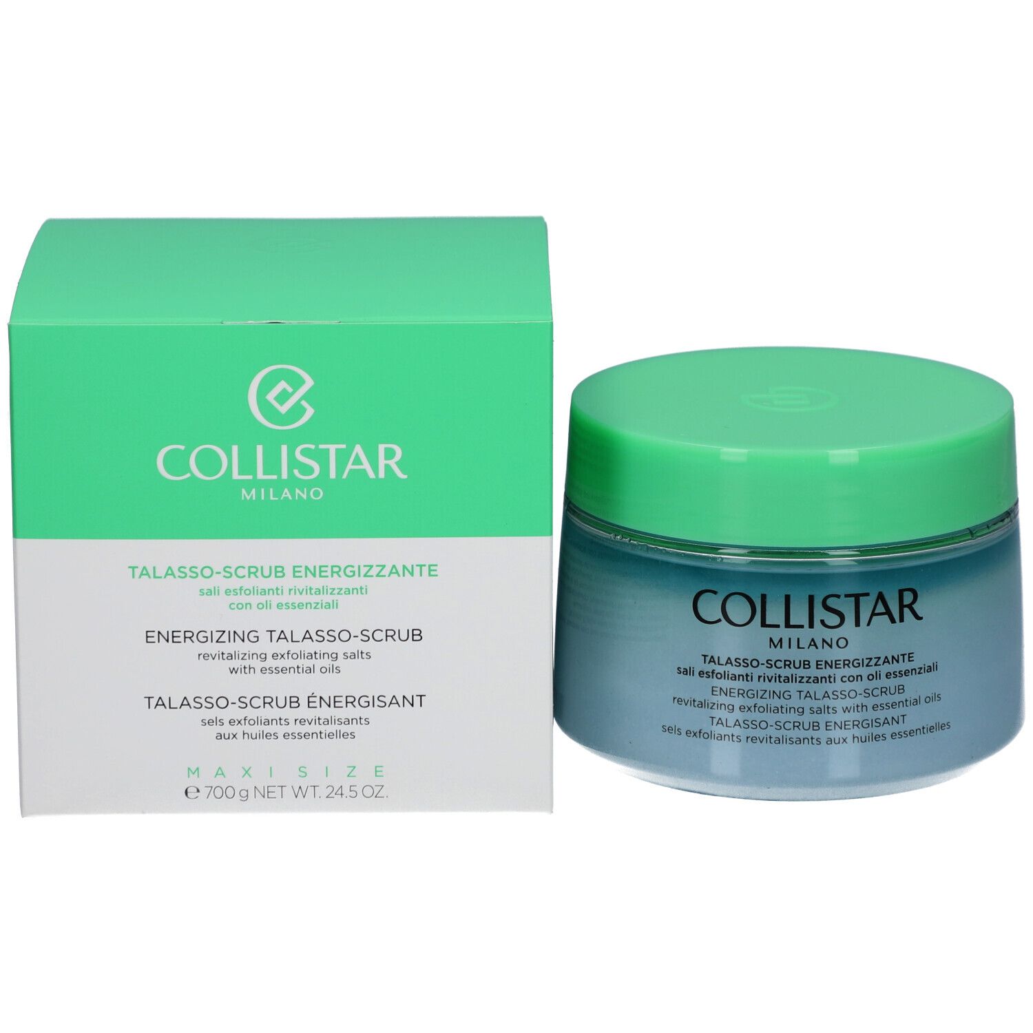Produkt und Verpackung. Blau-grünes Tiegel mit grünem Deckel und grüne Schachtel. Schriftzug: COLLISTAR MILANO.