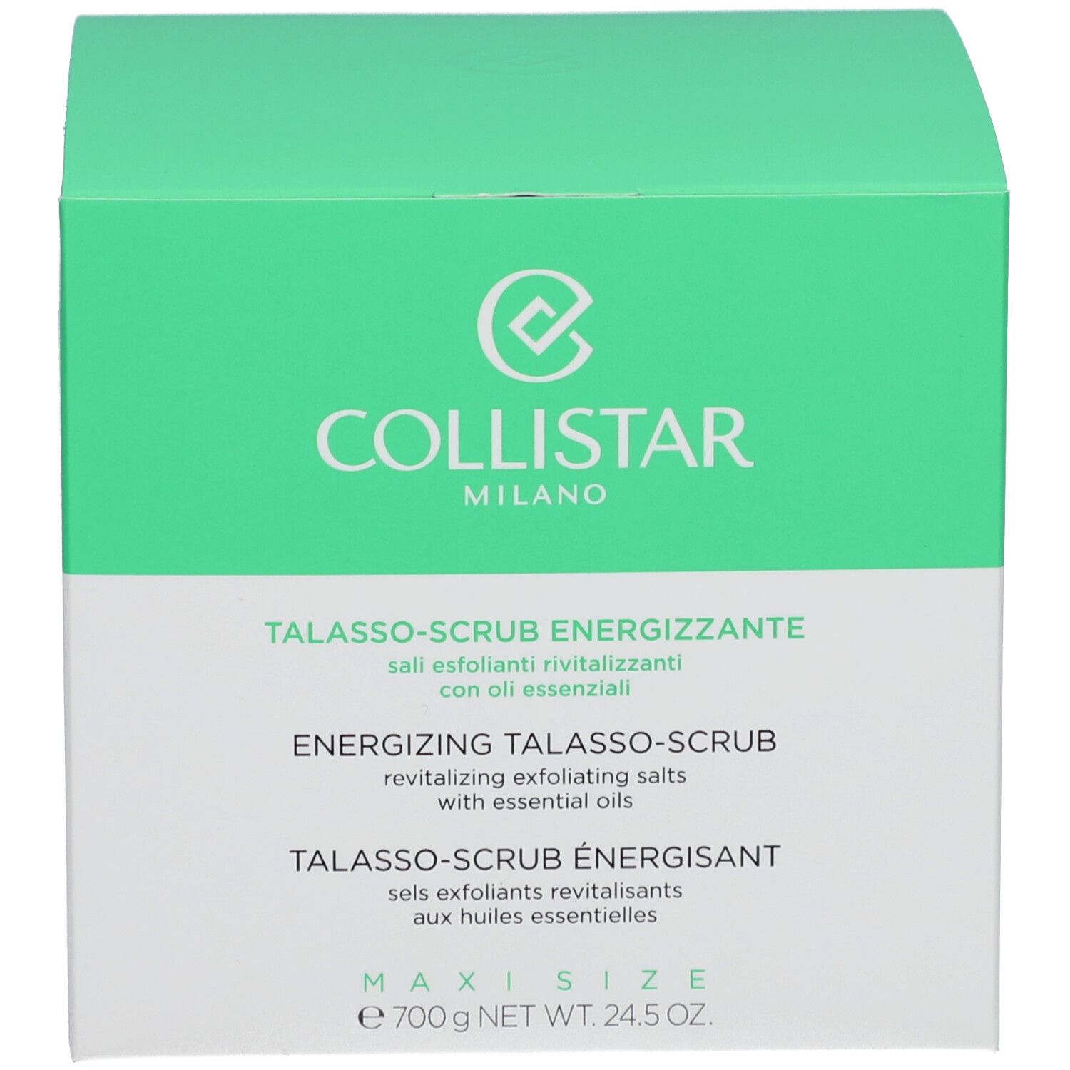 Grüne Schachtel. Schriftzug: COLLISTAR MILANO. Produktname und Beschreibung. Gewicht: 700 g NET WT. 24,5 OZ.