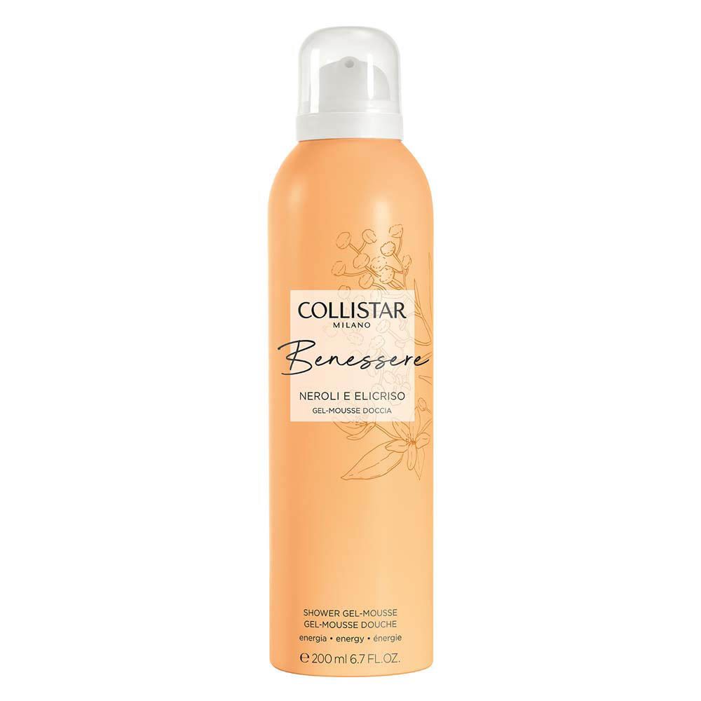 Flacon beige avec vaporisateur. Inscription : Collistar, Benessere, Neroli e Elicriso, Gel-Mousse Douche.