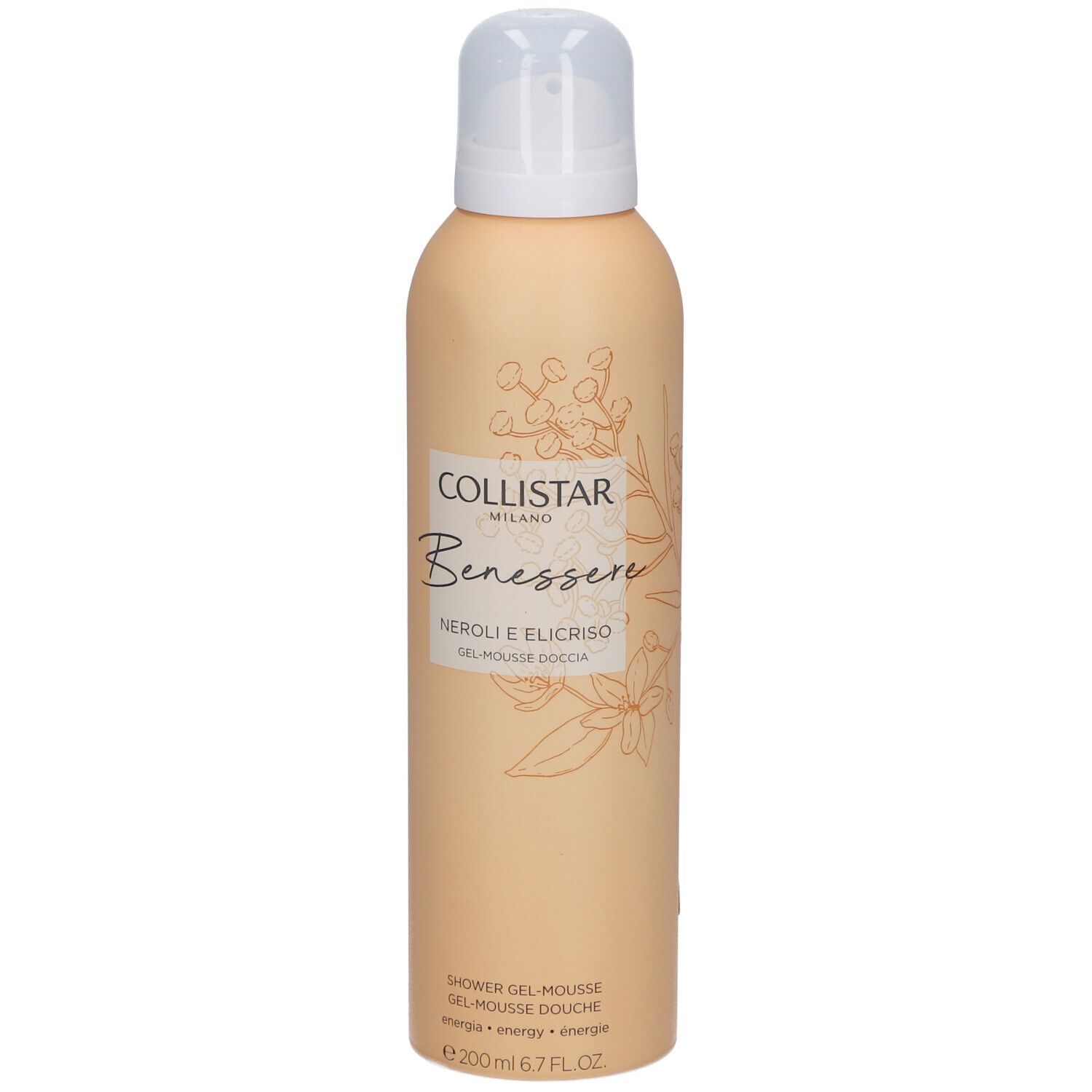 Flacon beige avec vaporisateur. Inscription : Collistar, Benessere, Neroli e Elicriso, Gel-Mousse Douche.