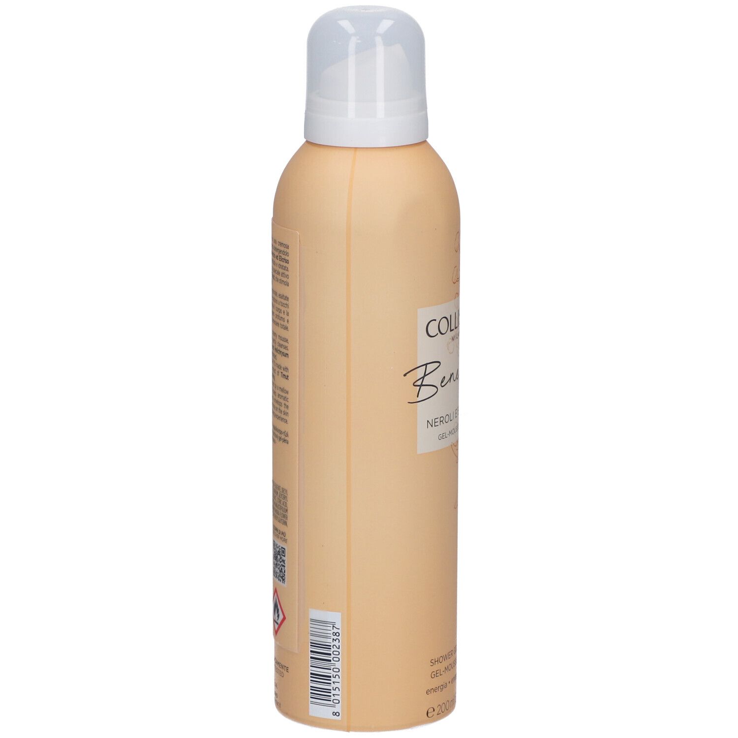 Flacon beige avec vaporisateur, vue latérale. Inscription : Collistar, Benessere, Neroli e Elicriso, Gel-Mousse Douche.