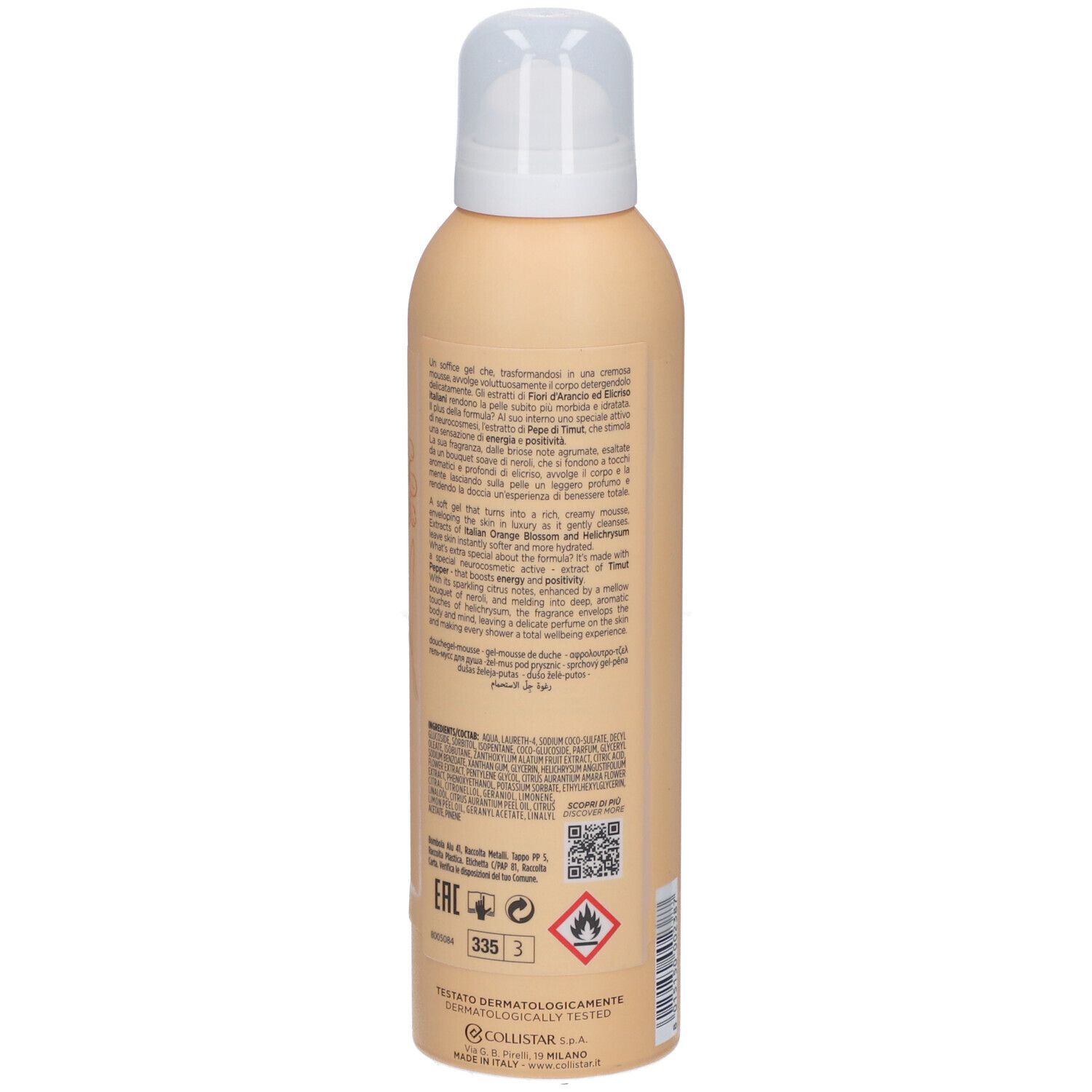 Dos d'un flacon beige avec vaporisateur. Texte multilingue. Inscription : Collistar, Benessere, Gel-Mousse Douche.