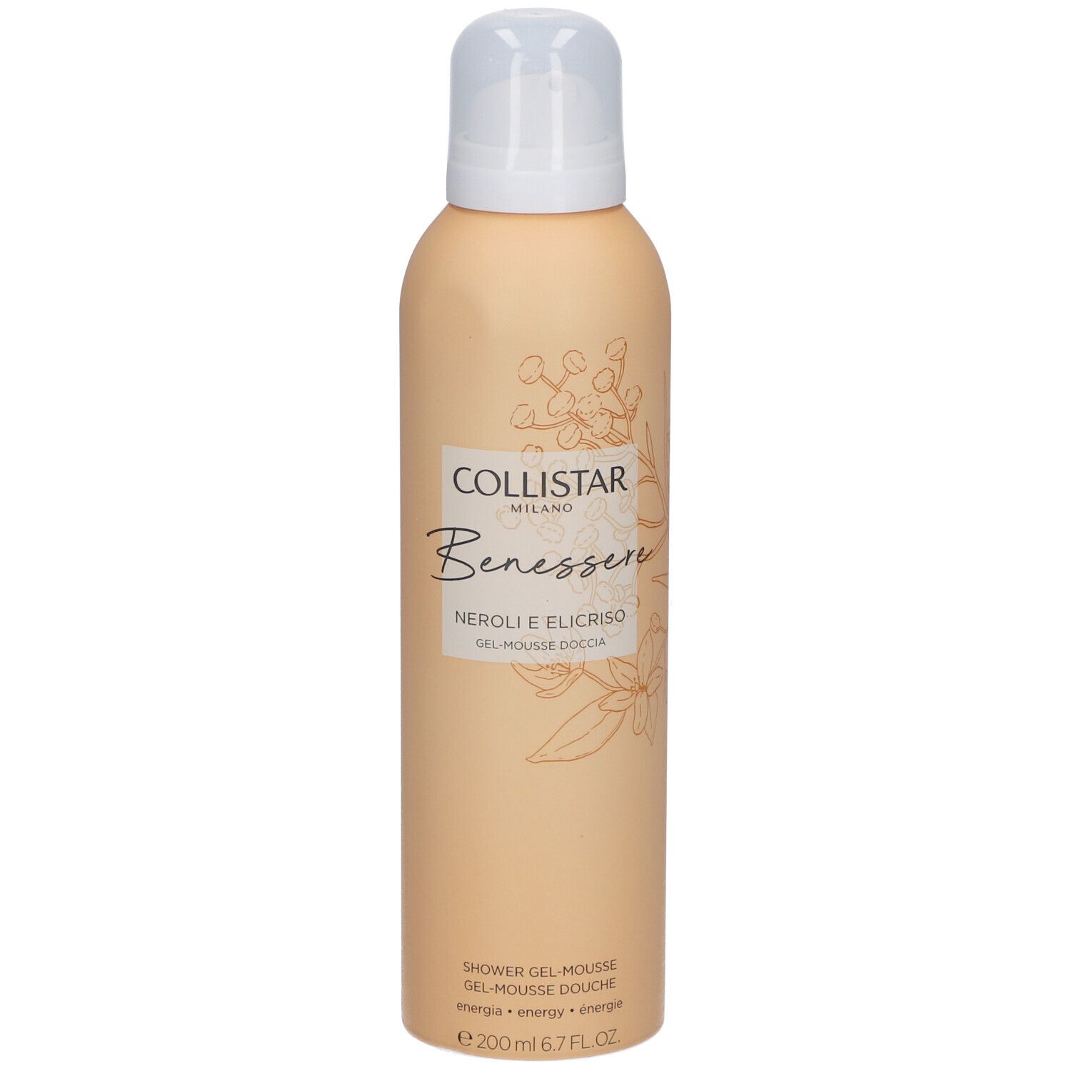 Flacon beige avec vaporisateur. Inscription : Collistar, Benessere, Neroli e Elicriso, Gel-Mousse Douche.