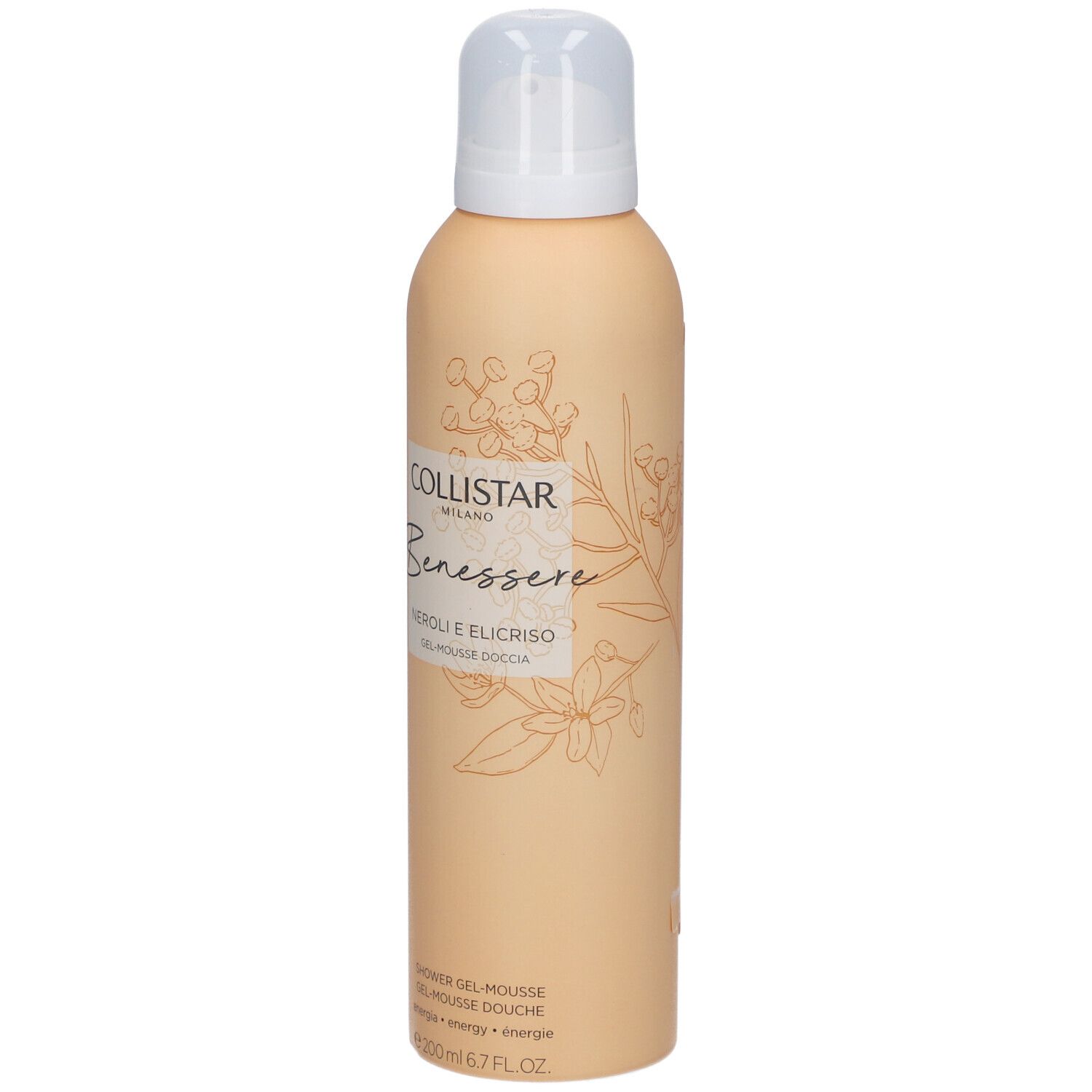 Flacon beige avec vaporisateur. Inscription : Collistar, Benessere, Neroli e Elicriso, Gel-Mousse Douche.