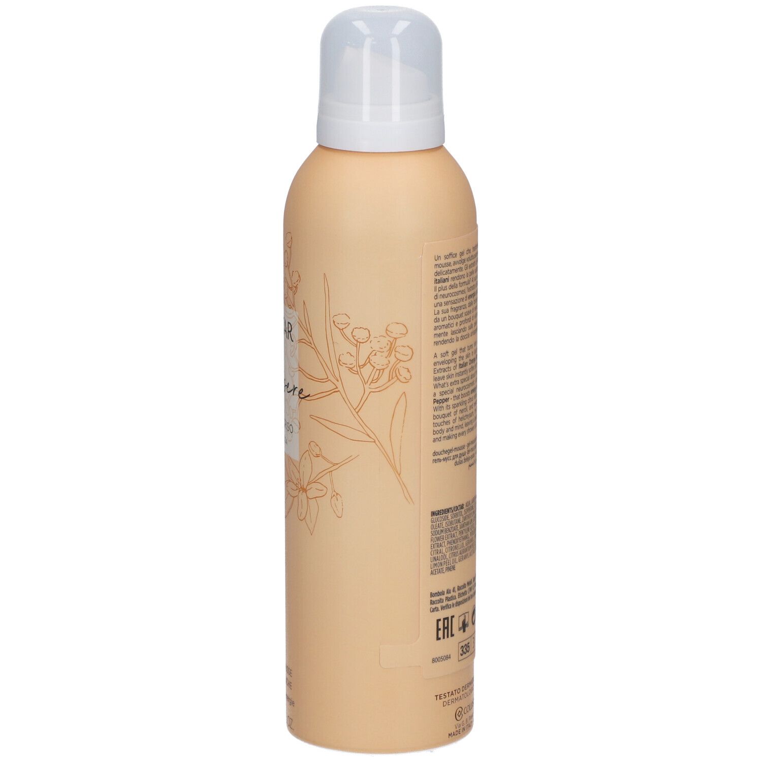 Dos d'un flacon beige avec vaporisateur. Texte multilingue. Inscription : Collistar, Benessere, Gel-Mousse Douche.