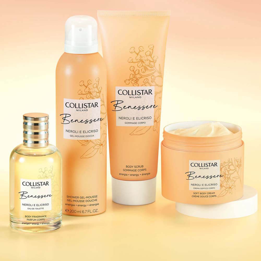 Ensemble de produits : flacon, tube, pot et flacon. Inscription : Collistar, Benessere, Neroli e Elicriso.